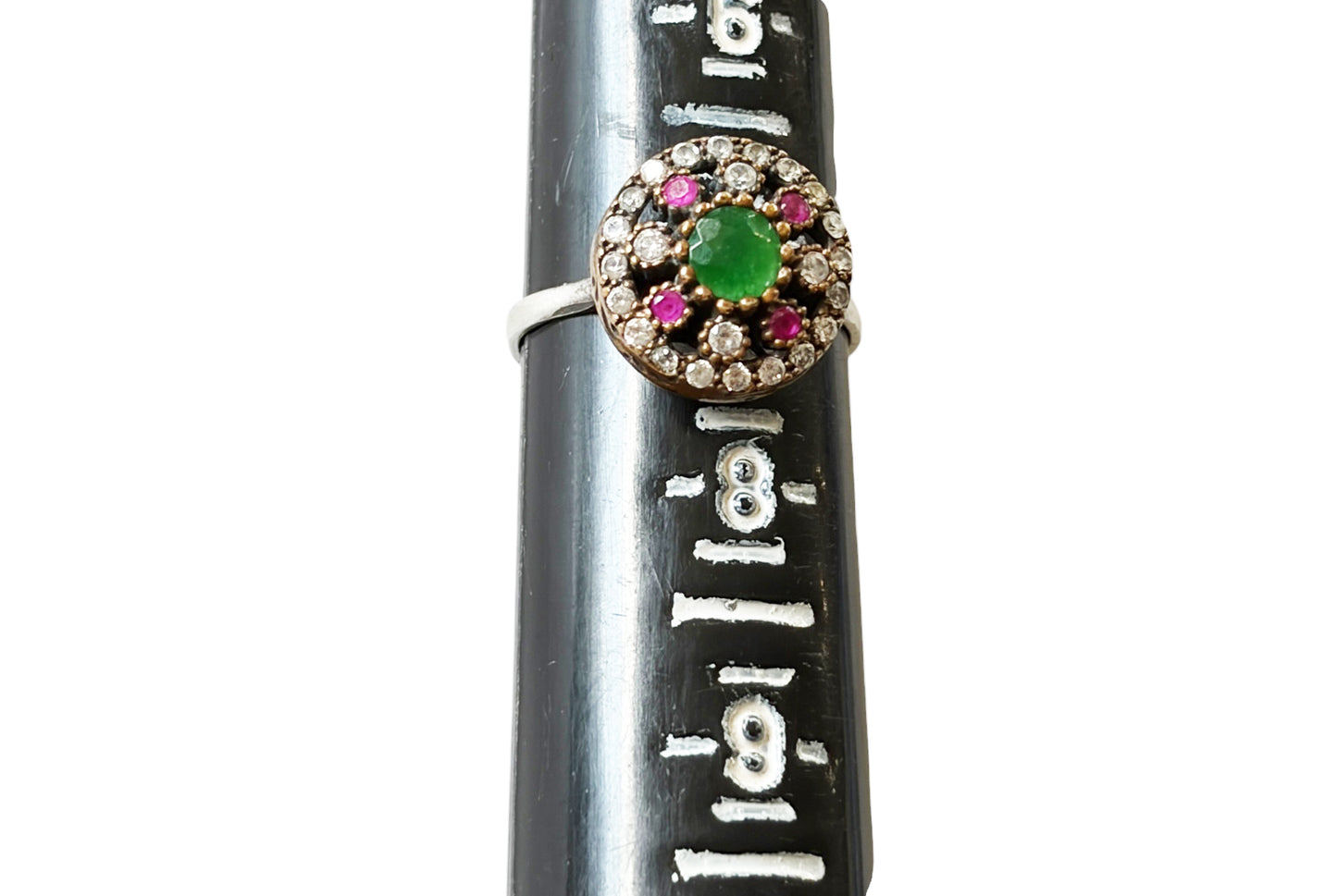 #147 Vintage Natural Ruby, Emerald & Diamond Ring Sterling Silver Size 7