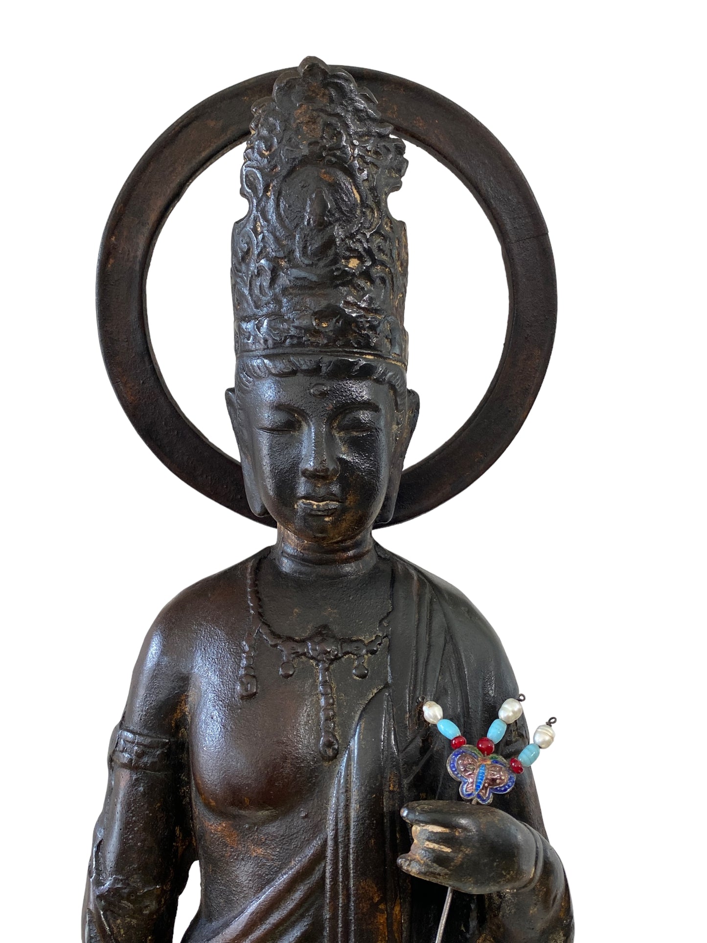 #7013 Lg Vintage Cast iron Standing Touching Buddha 34" H