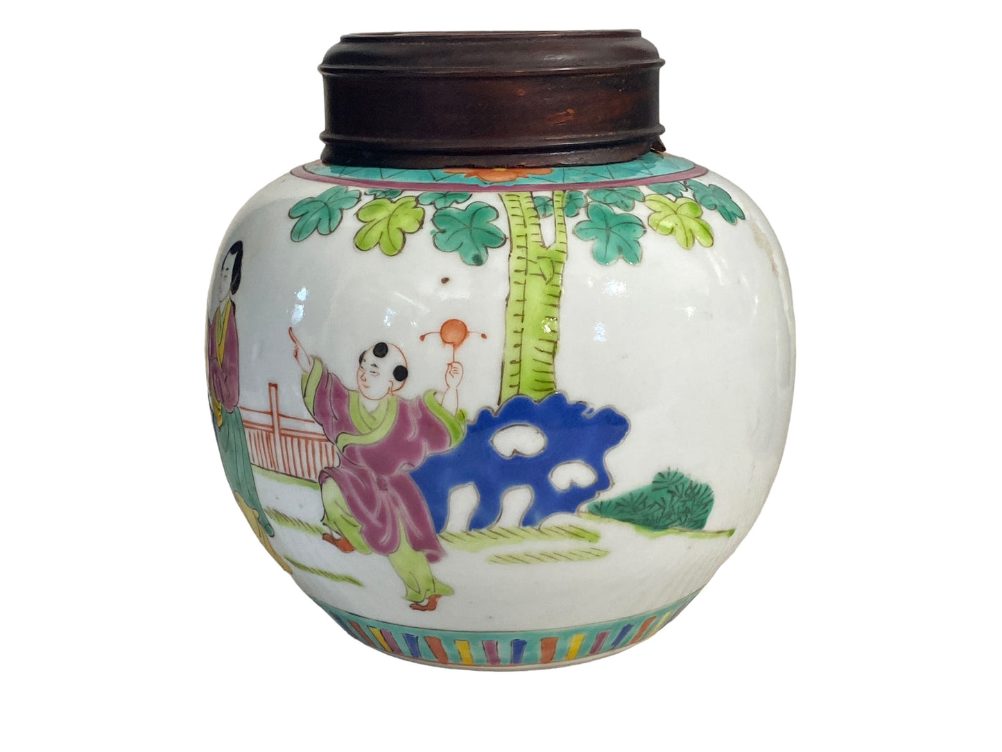 #5633 late 19Th C Chinoiserie Hand Painted Famille Rose Ginger Jar with Wood Lid and Stand