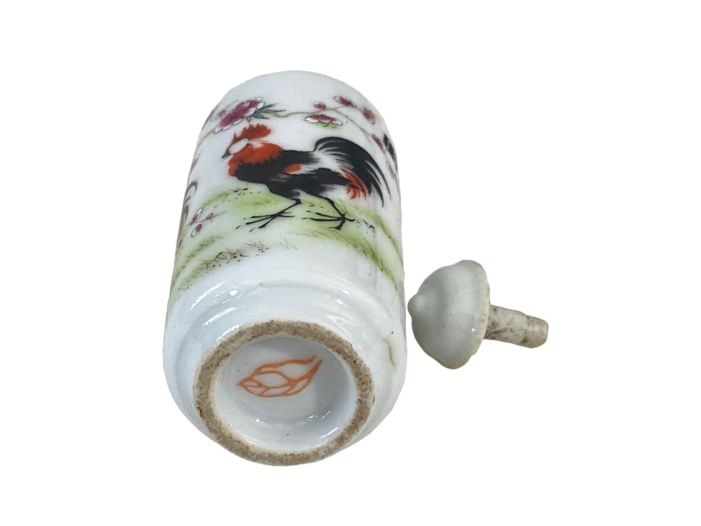 #4069 Vtg Chinoiserie Famille Rose Roosters Snuff Bottle 3.25" H