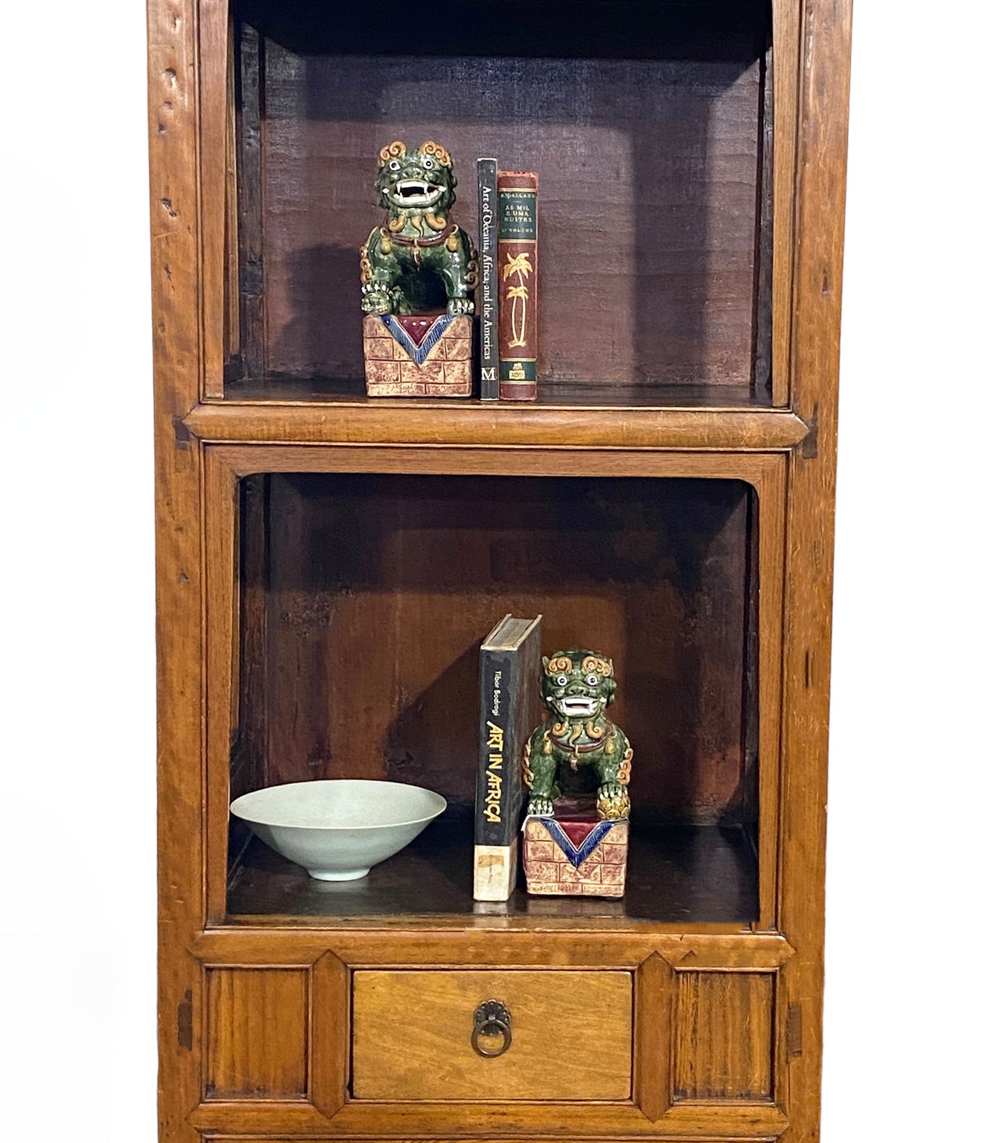 #5642 Vintage Mid Century Chinoiserie Asian Elm Wood Etagere Bookcase