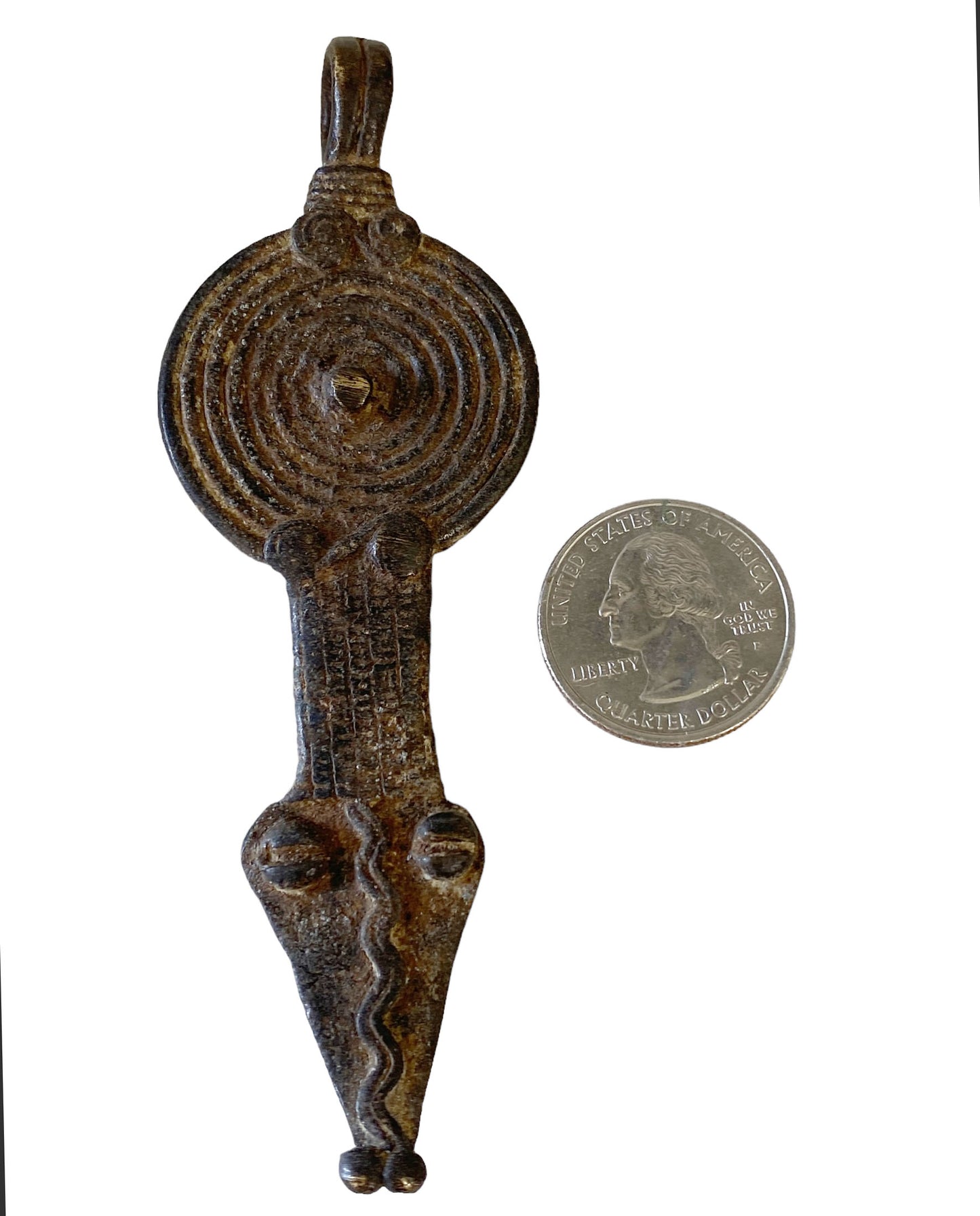 #5671 Vintage Gan Bronze Amulet Pendant of Ornate Serpent Burkina Faso