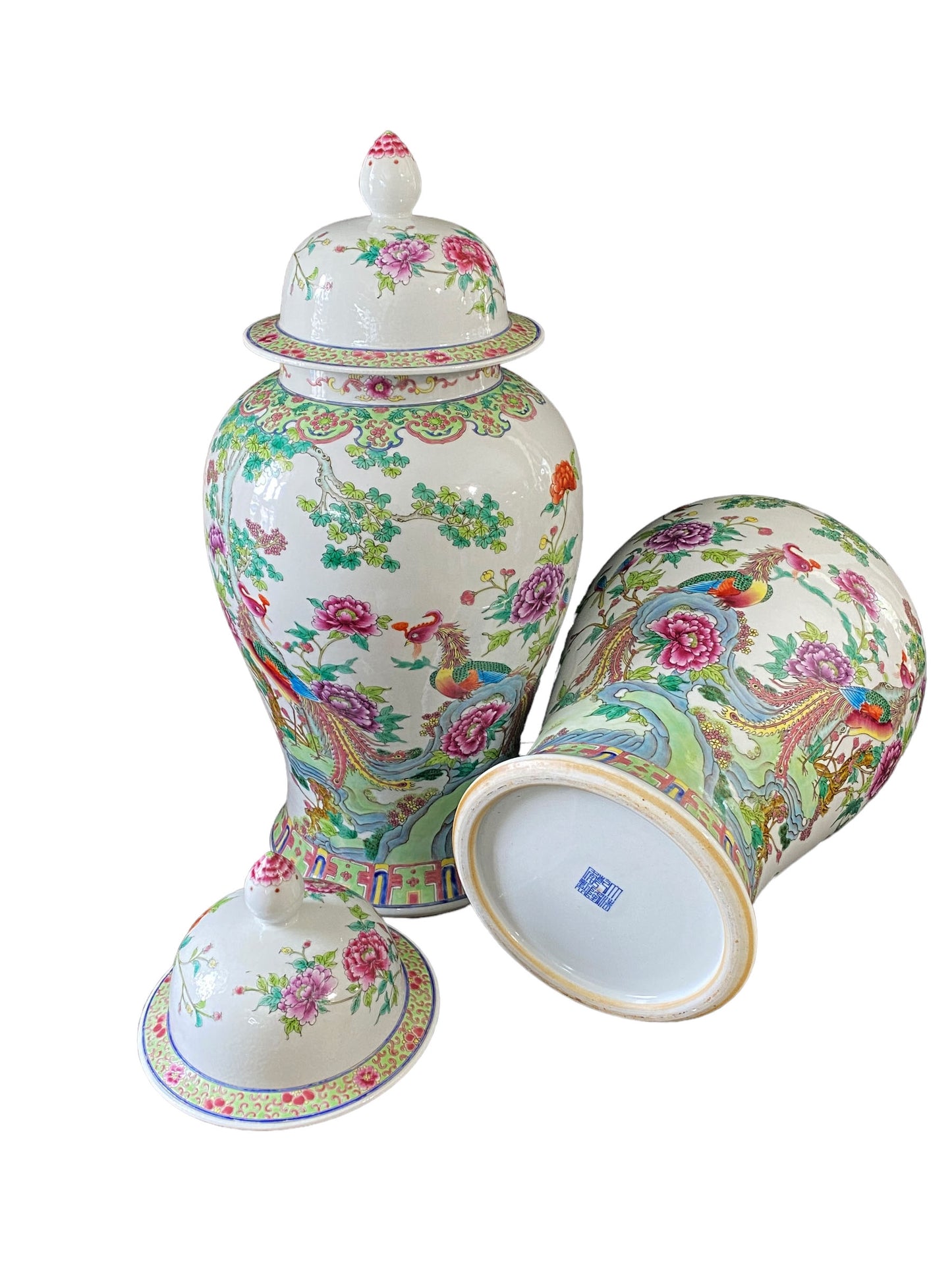 #3201 LG Chinoiserie Famille Rose Porcelain Ginger Jars Pair 24" H