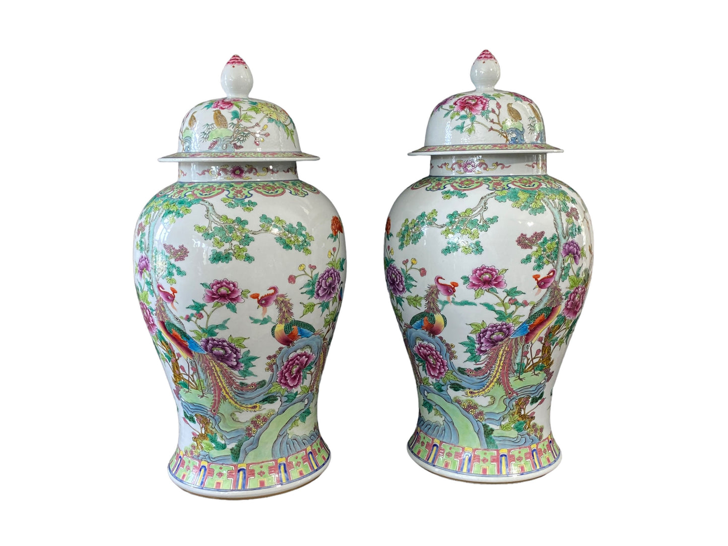 #3201 LG Chinoiserie Famille Rose Porcelain Ginger Jars Pair 24" H