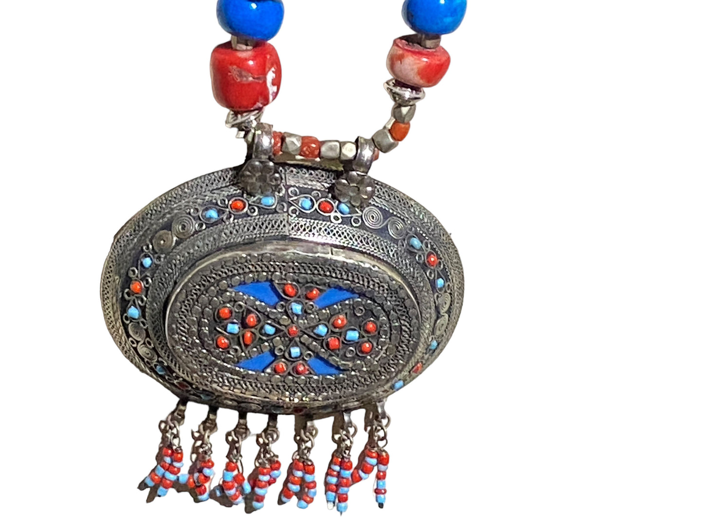 #5839 Middle Eastern Silver Pendant w/Coral & Turquoise 24" H