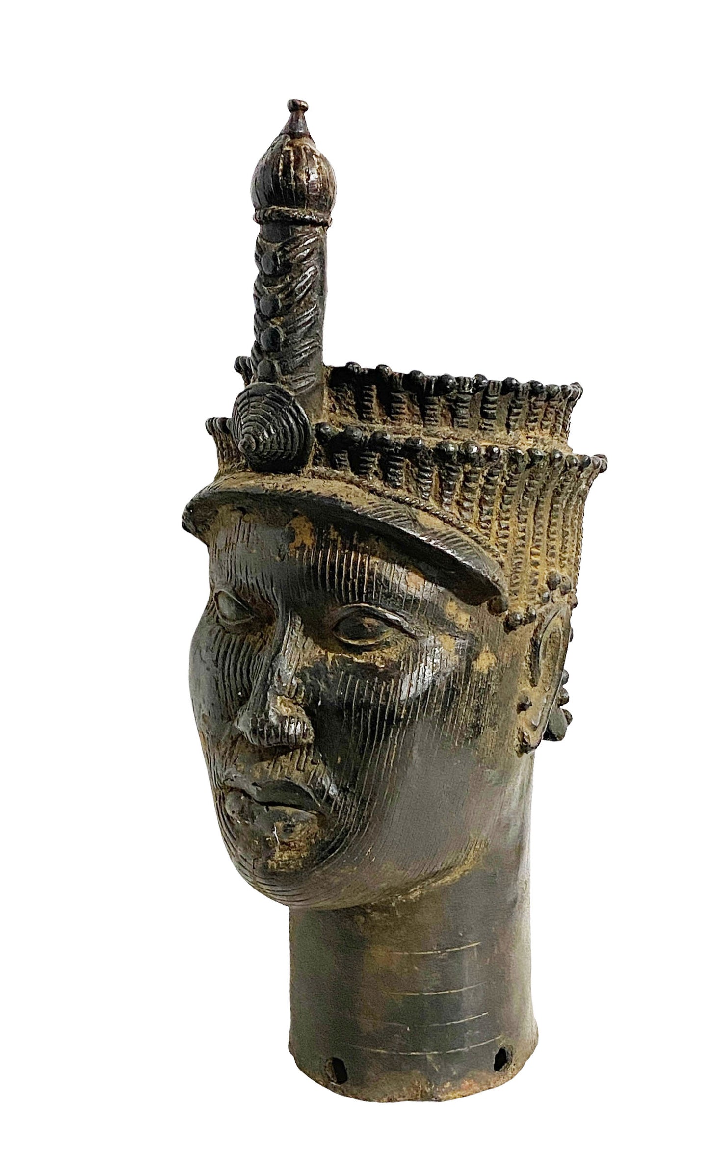 #5406 Superb Vintage Lg Benin Bronze Head of Oba Nigeria African 19" H