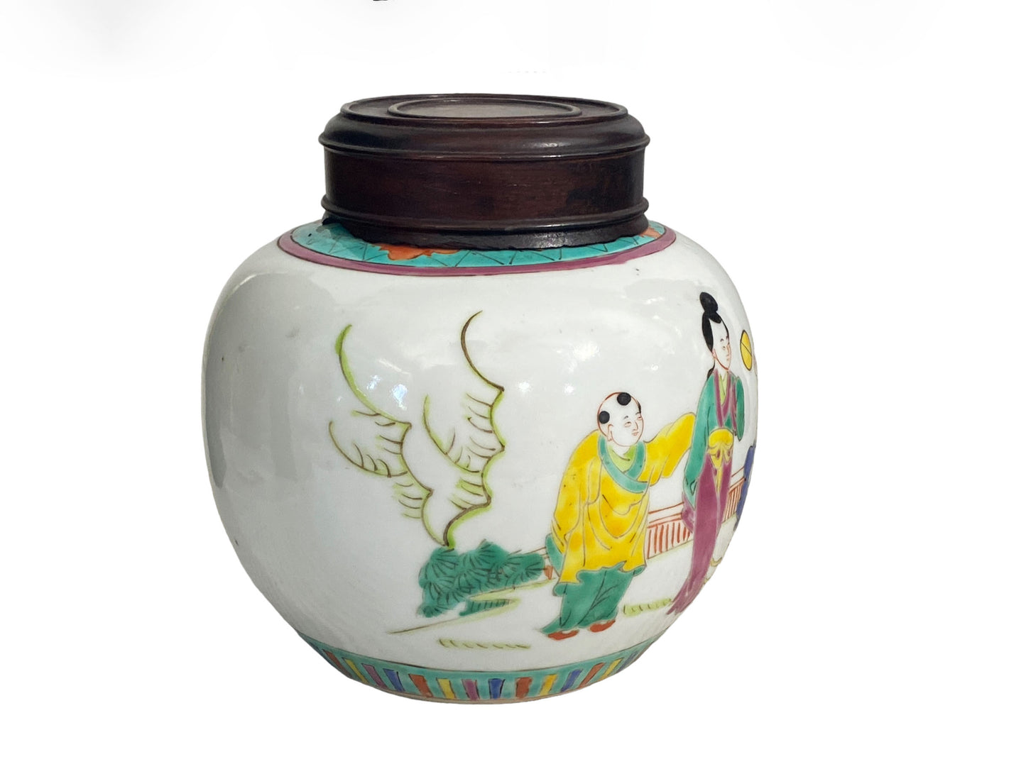 #5633 late 19Th C Chinoiserie Hand Painted Famille Rose Ginger Jar with Wood Lid and Stand