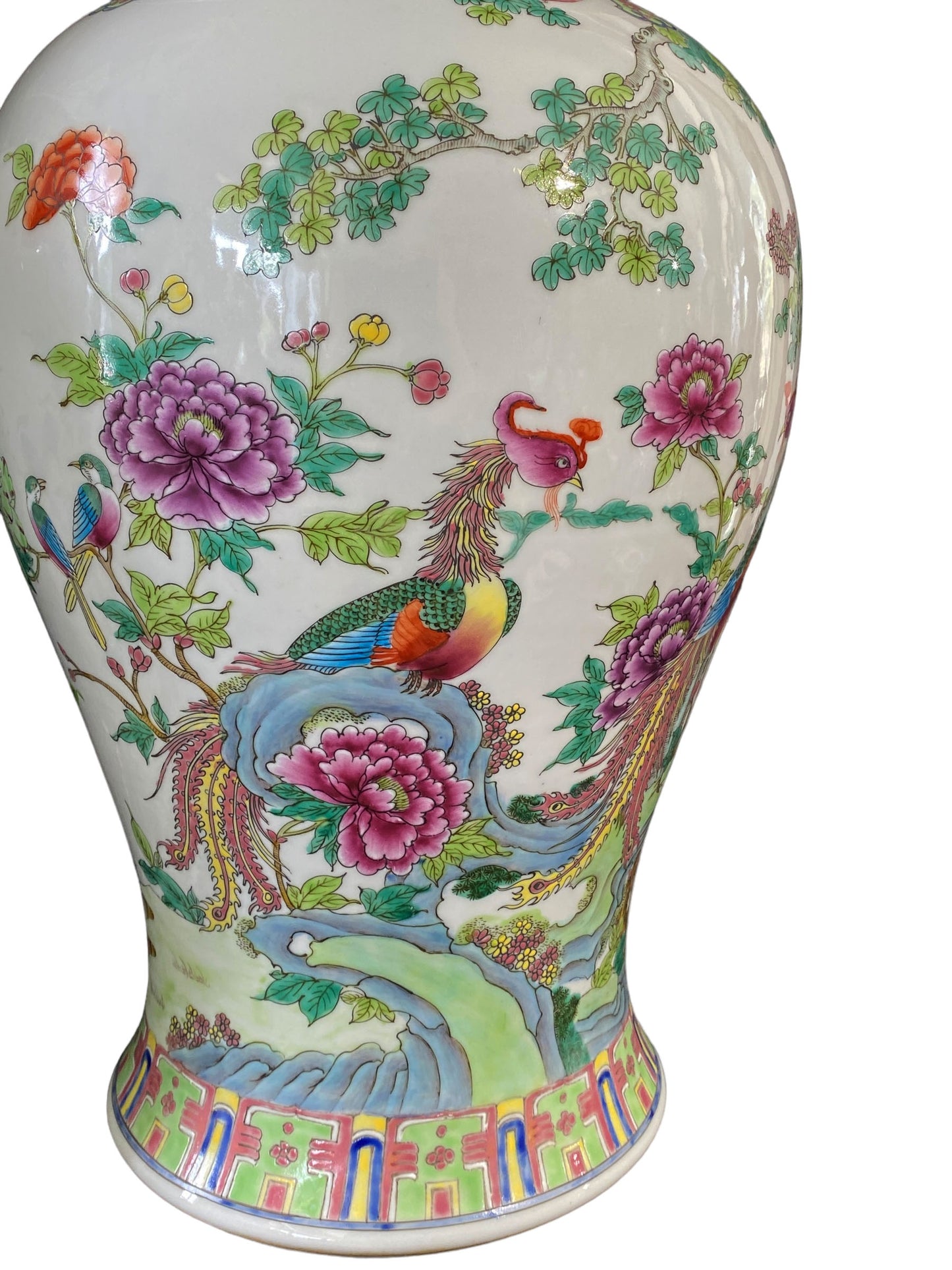 #3201 LG Chinoiserie Famille Rose Porcelain Ginger Jars Pair 24" H