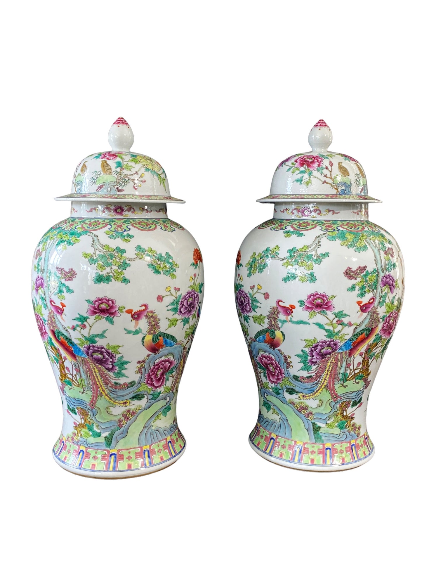 #3201 LG Chinoiserie Famille Rose Porcelain Ginger Jars Pair 24" H