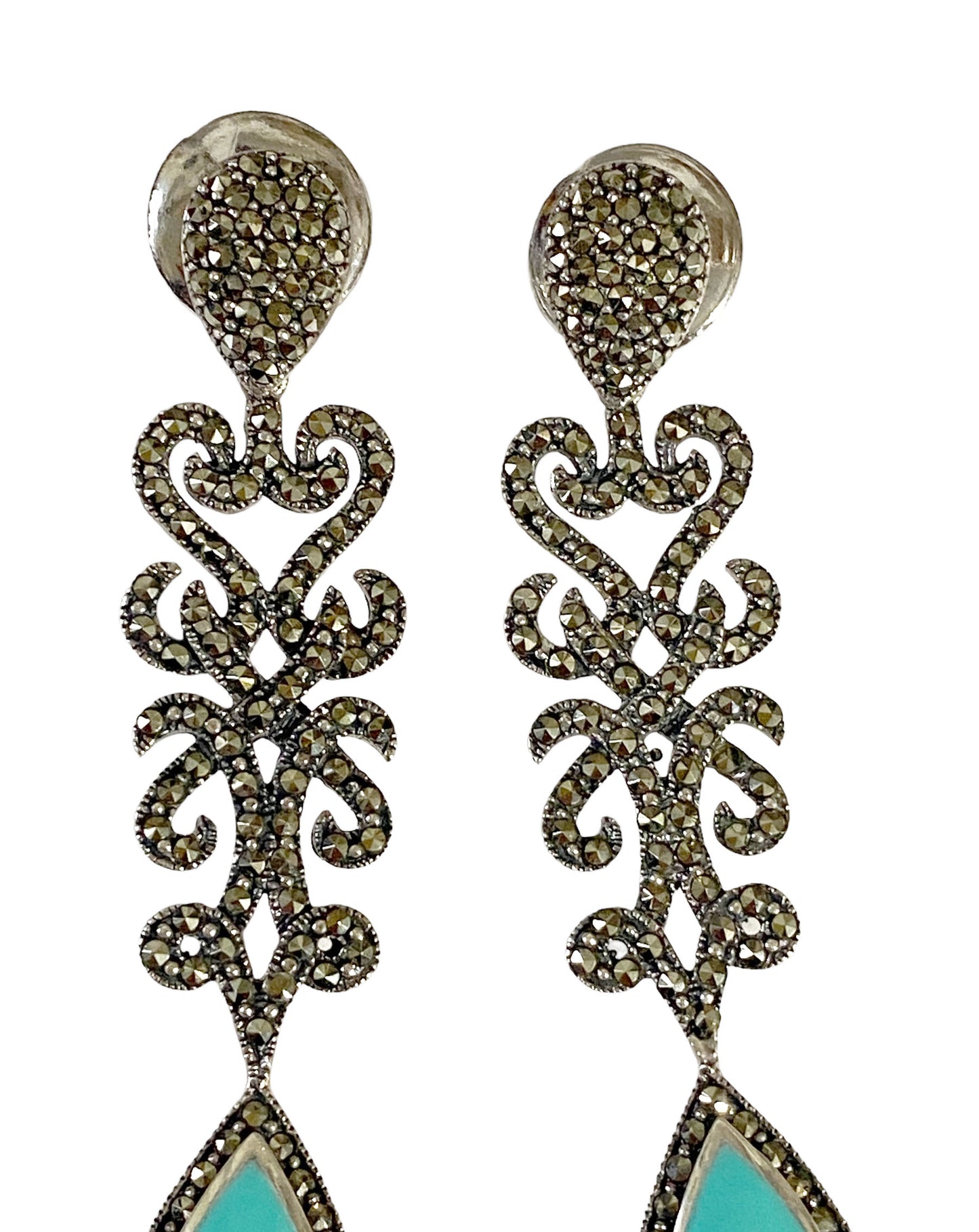 #5852 Sterling Silver And Marcasite Stud Dangle Earrings With Turquoise Stone 2.75" Long