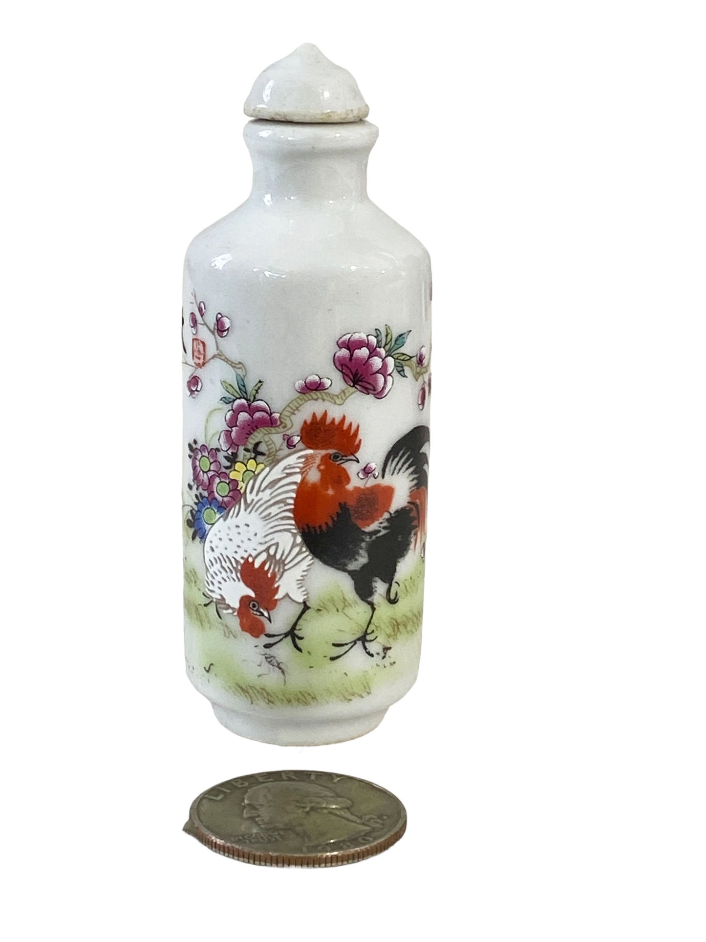 #4069 Vtg Chinoiserie Famille Rose Roosters Snuff Bottle 3.25" H