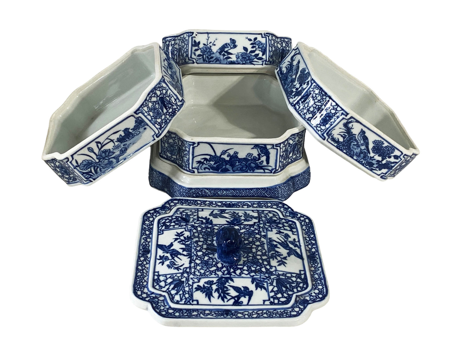 #5692 Chinoiserie Blue and White Set Of Stacking Food Boxes 9" h