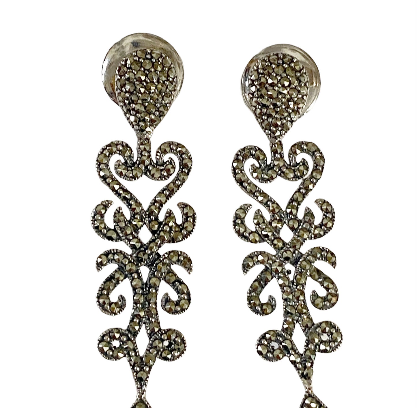 #5852 Sterling Silver And Marcasite Stud Dangle Earrings With Turquoise Stone 2.75" Long