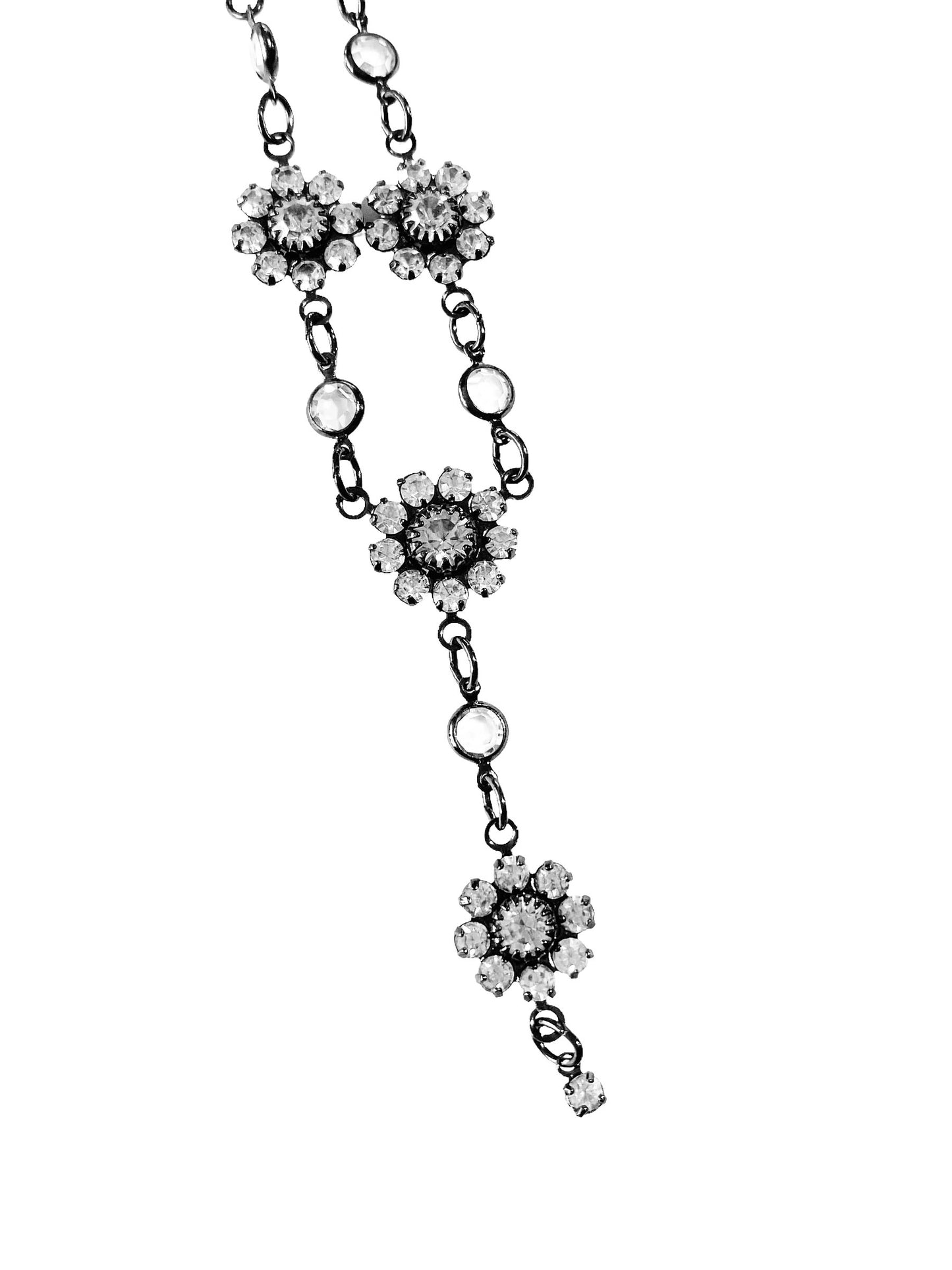 #5889 Vintage Austrian Crystal Choker Necklace USA Gun Metal Floral Dainty Bling