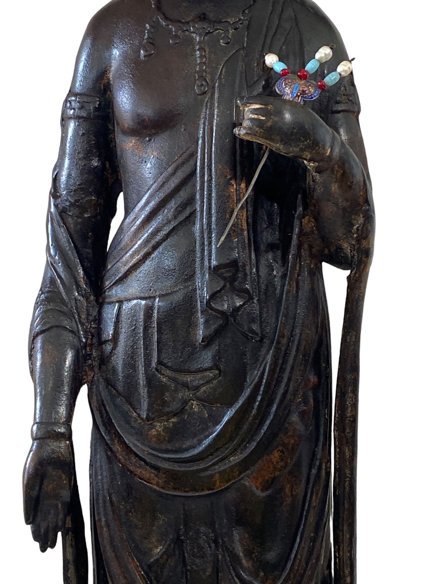 #7013 Lg Vintage Cast iron Standing Touching Buddha 34" H