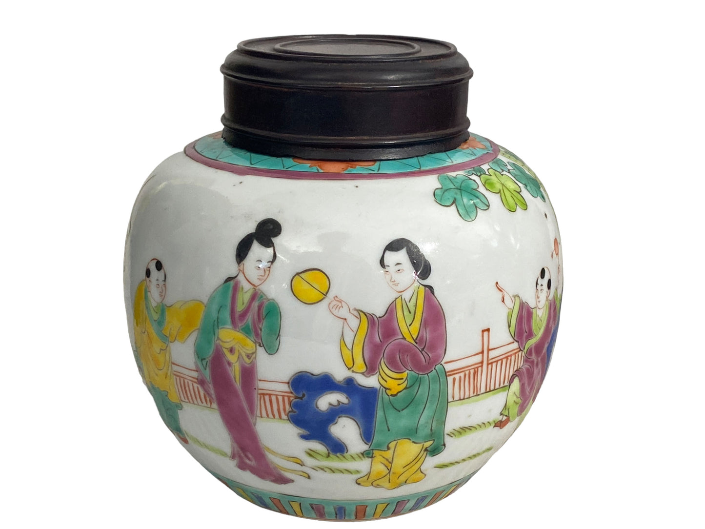 #5633 late 19Th C Chinoiserie Hand Painted Famille Rose Ginger Jar with Wood Lid