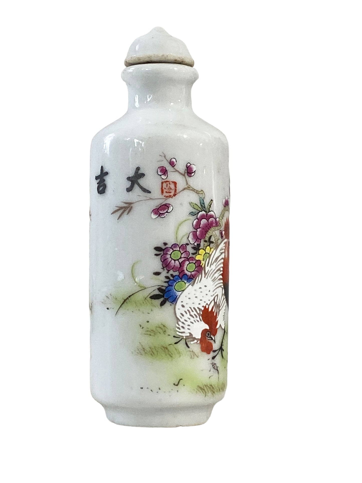 #4069 Vtg Chinoiserie Famille Rose Roosters Snuff Bottle 3.25" H