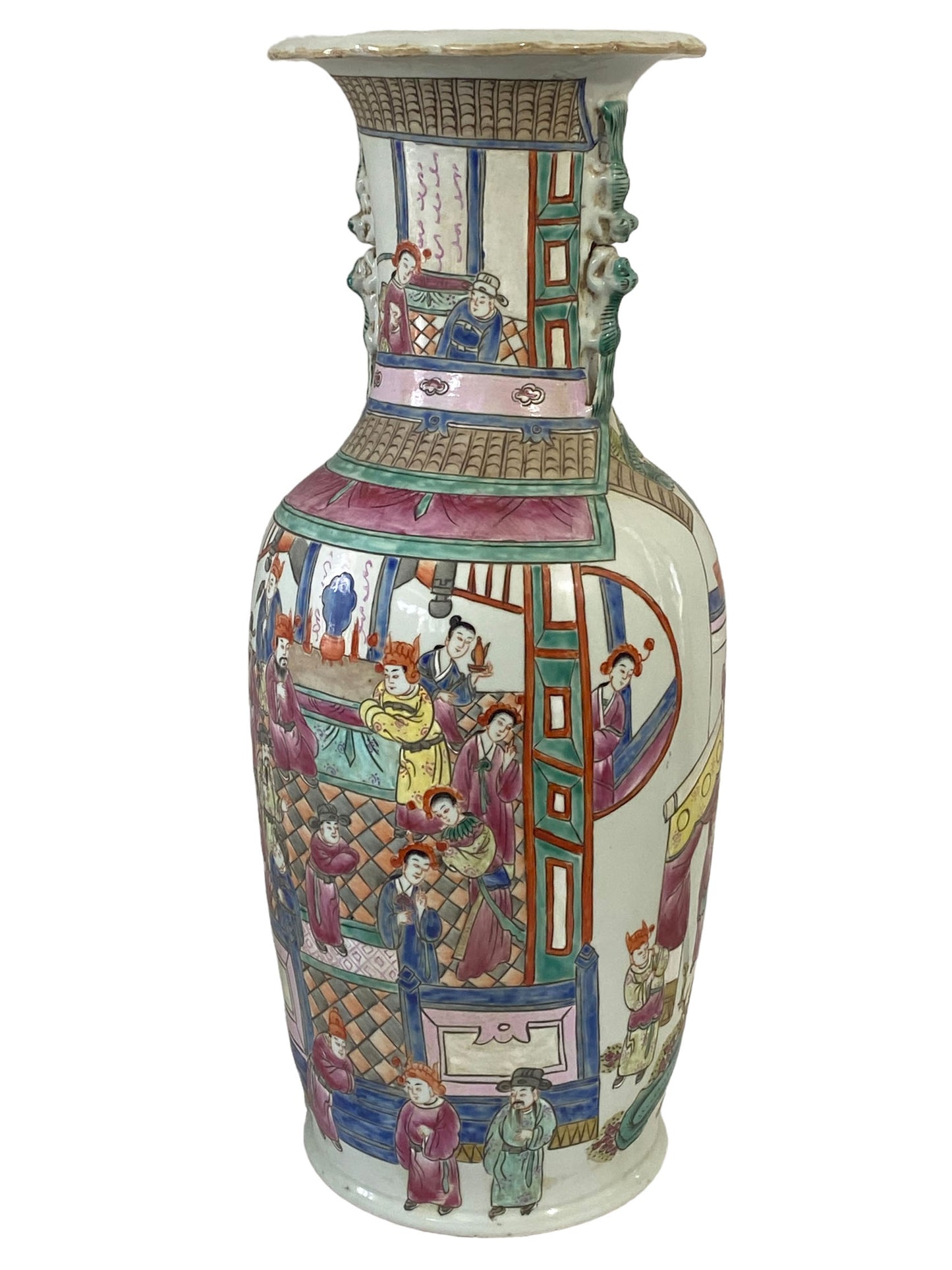 # 262 Superb Chinoiserie Famille Rose Enamel Vase W/Figures 24" H