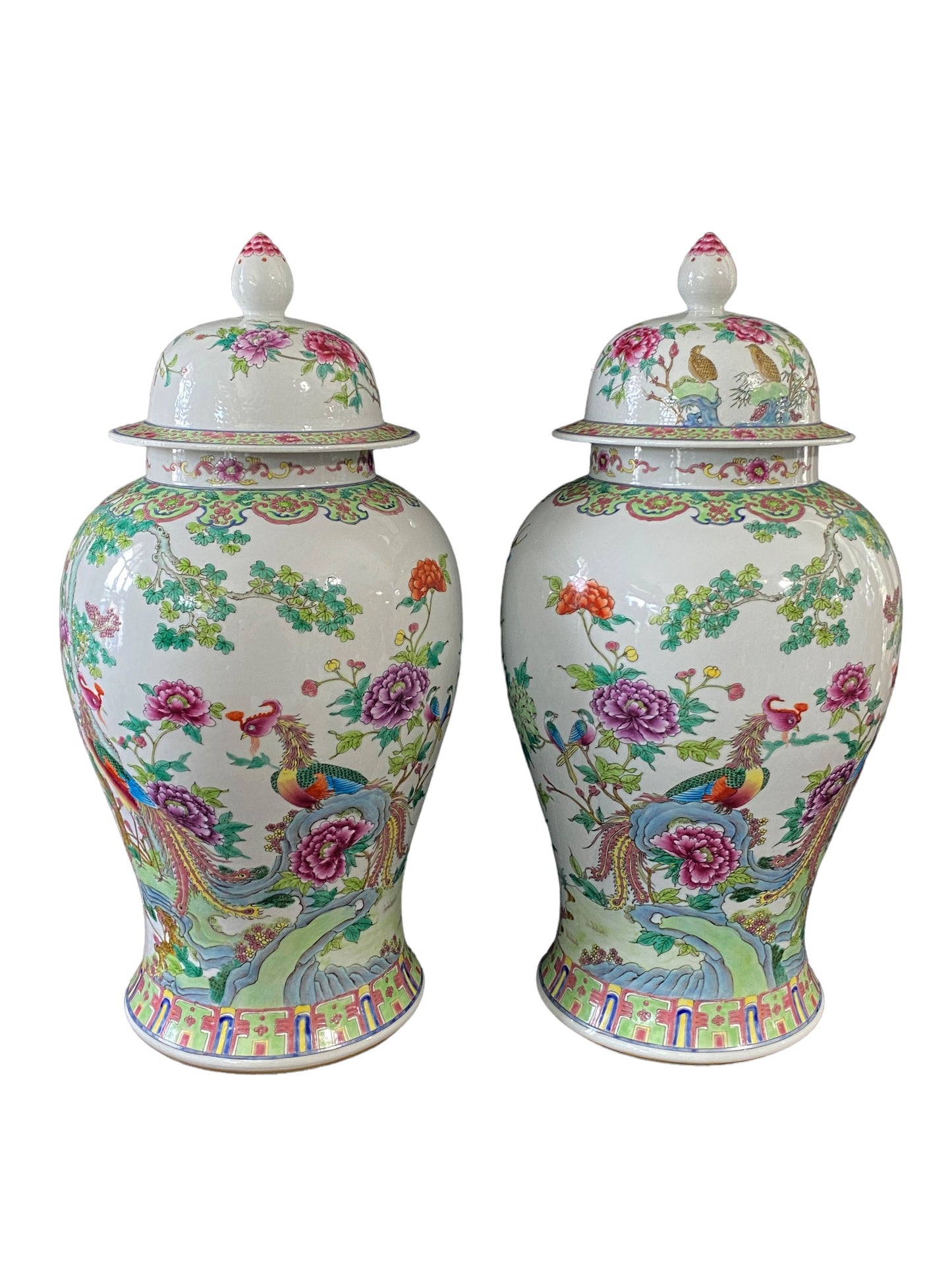 #3201 LG Chinoiserie Famille Rose Porcelain Ginger Jars Pair 24" H
