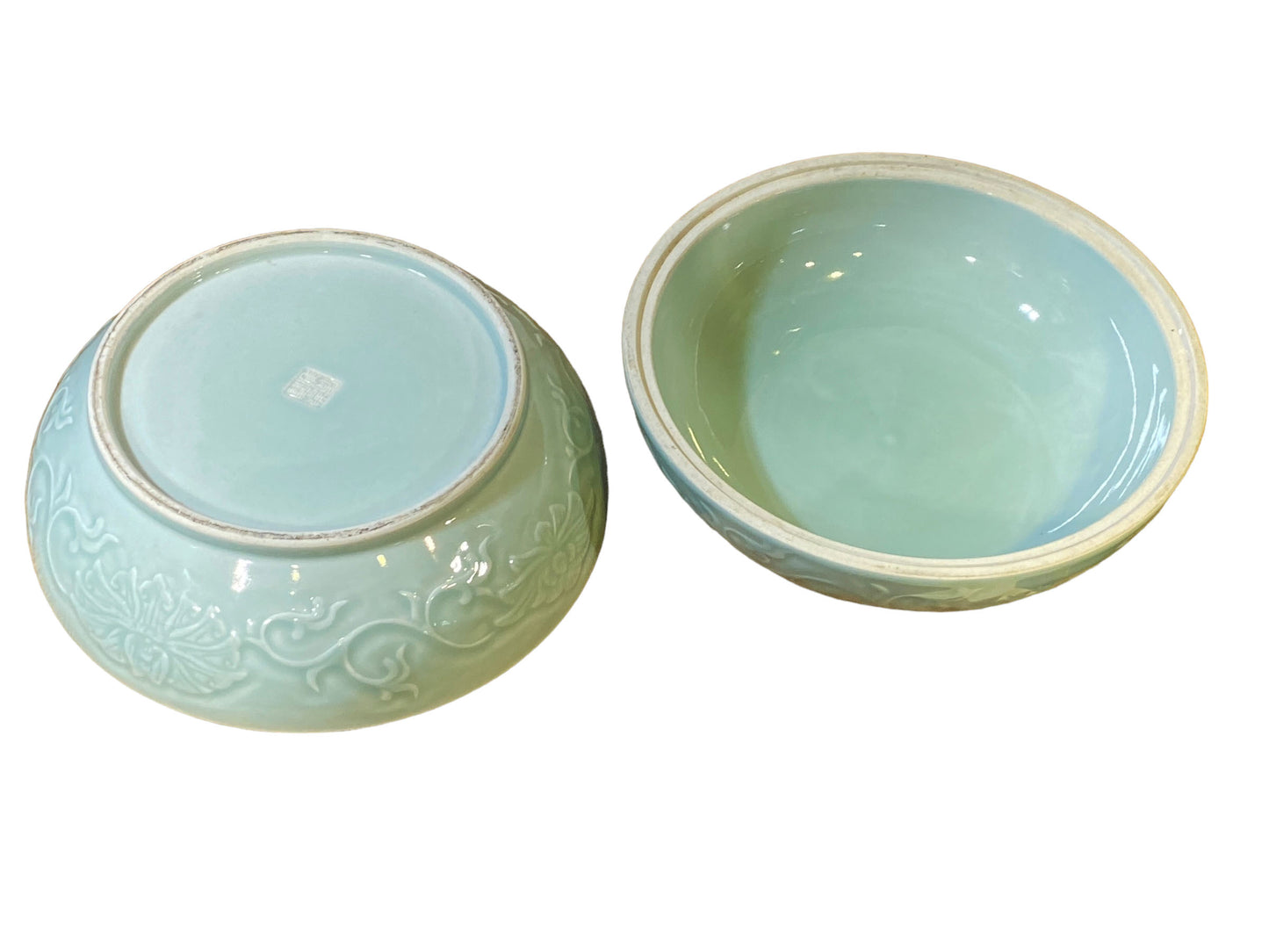 #7074 Chinese Hand Carved Celadon Box 9.5" Diameter