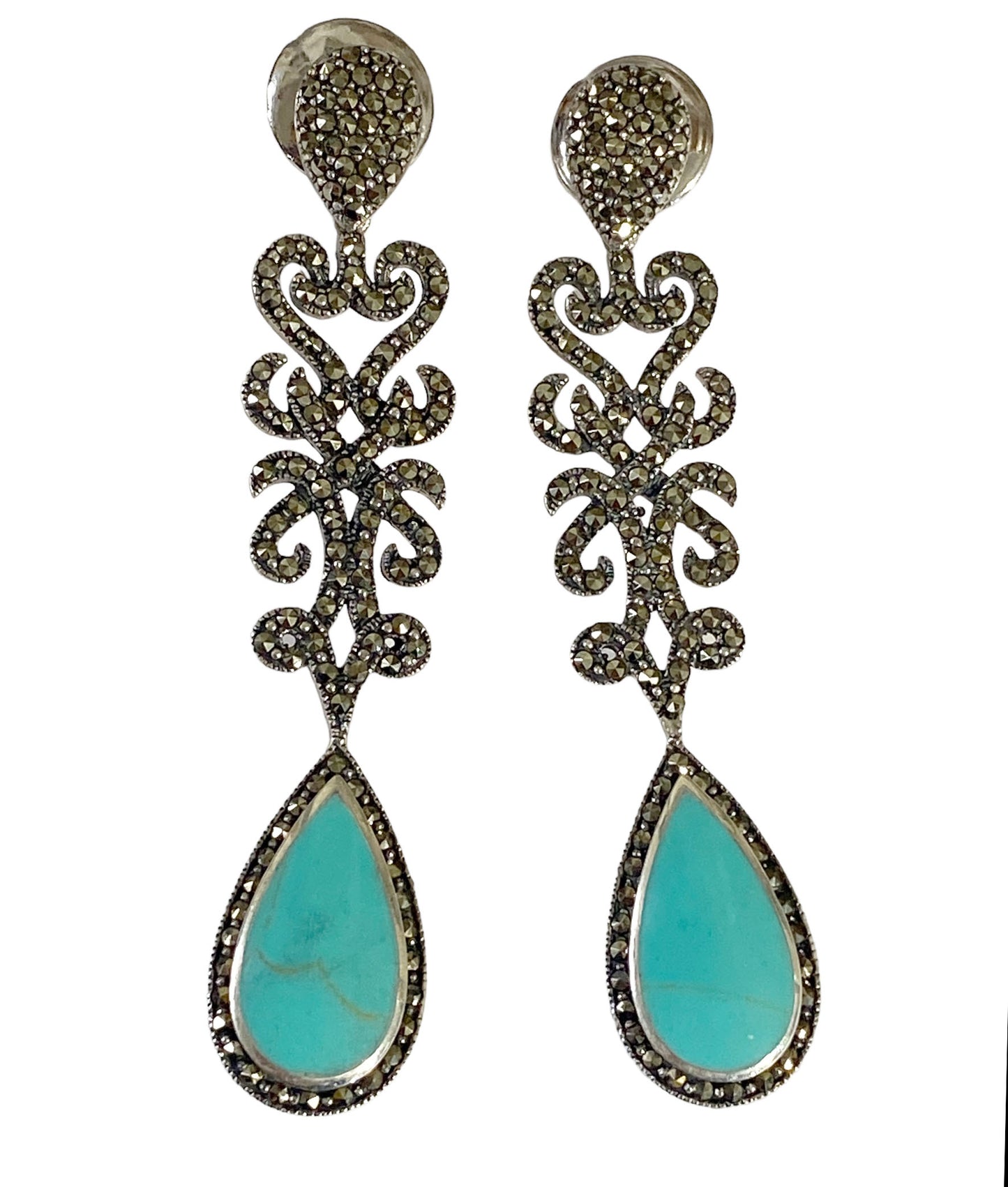 #5852 Sterling Silver And Marcasite Stud Dangle Earrings With Turquoise Stone 2.75" Long