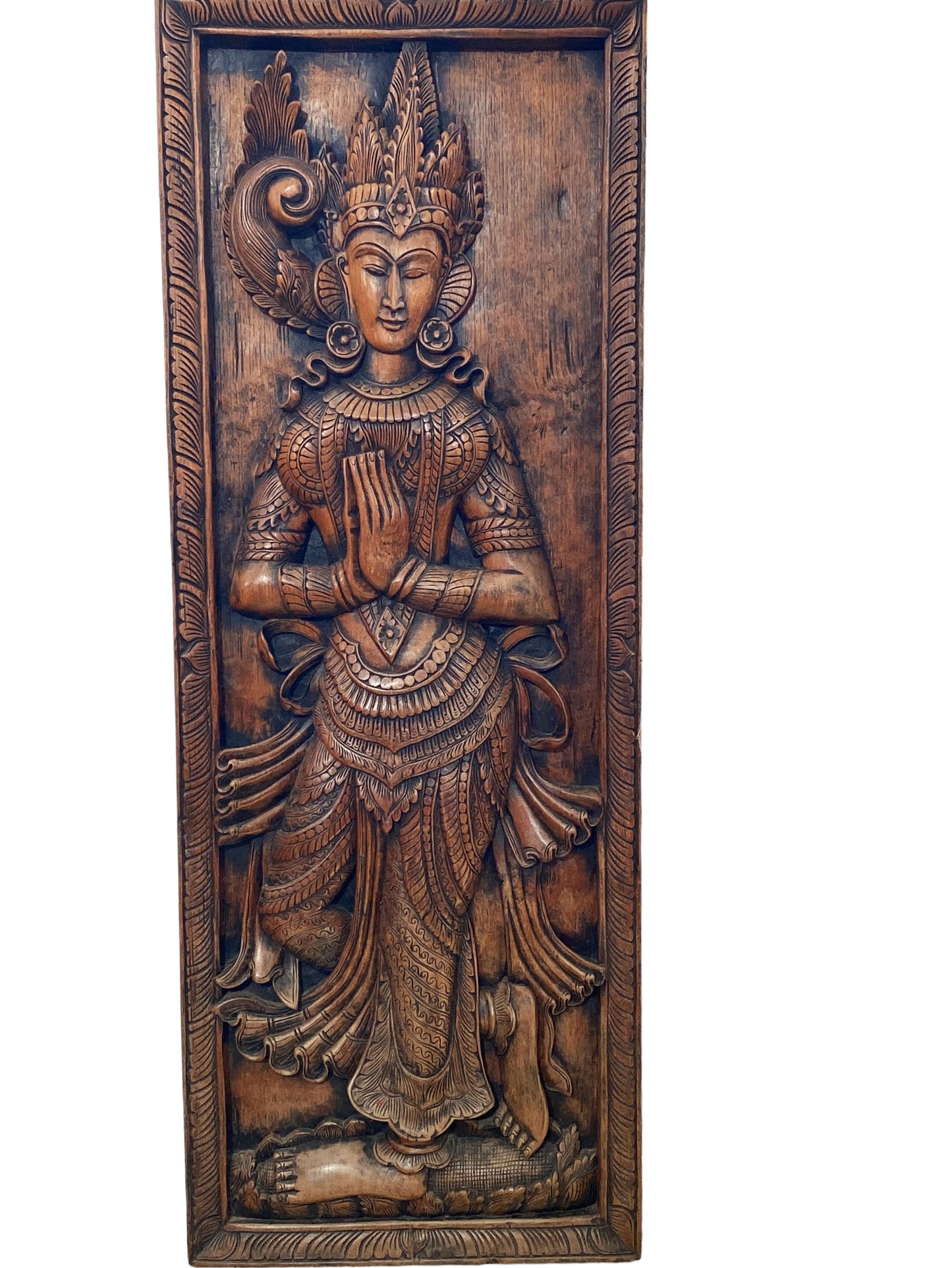 #3023Large Carved Thai Deity Teak Wood  Panel  48.5" H