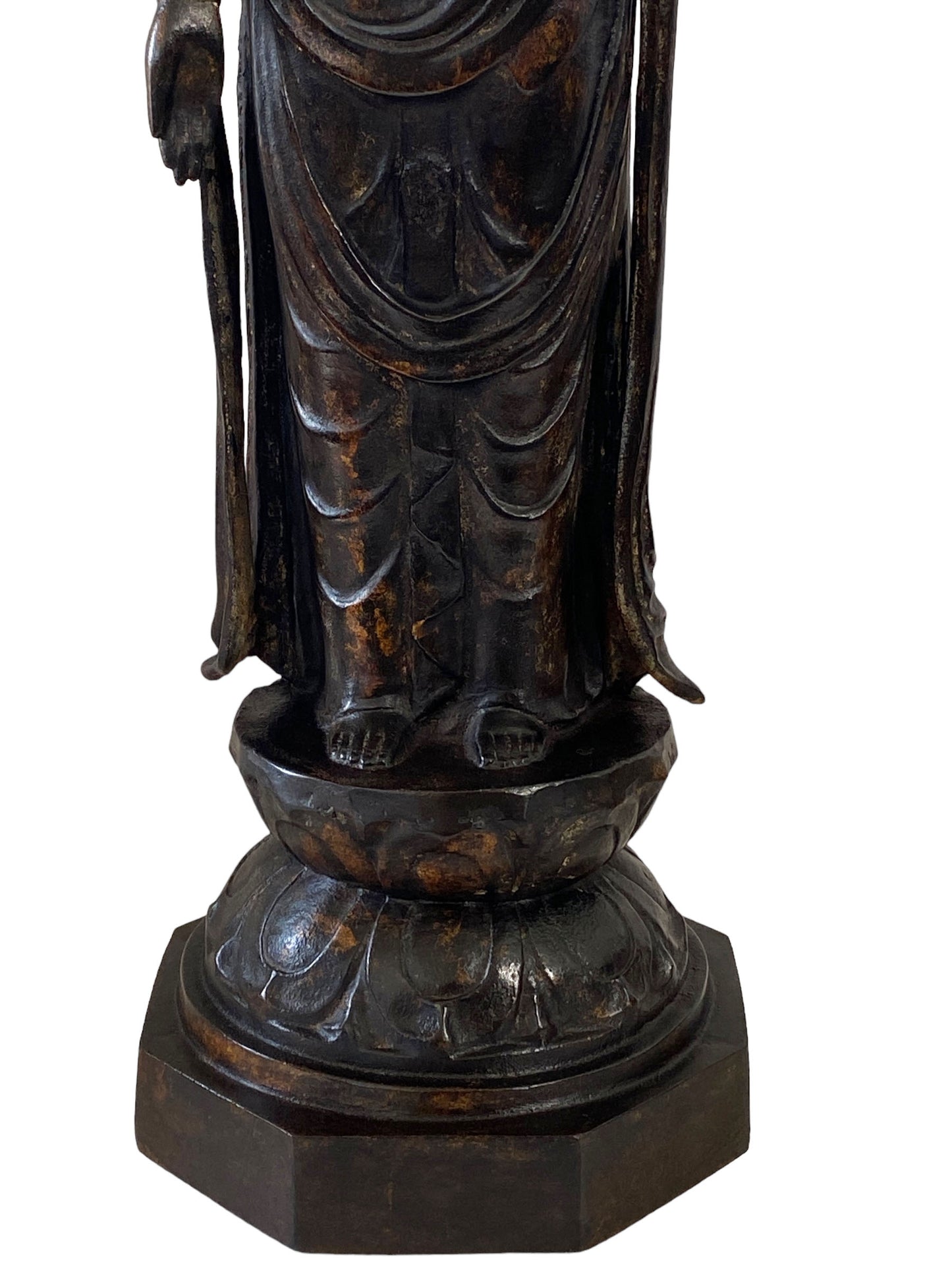 #7013 Lg Vintage Cast iron Standing Touching Buddha 34" H