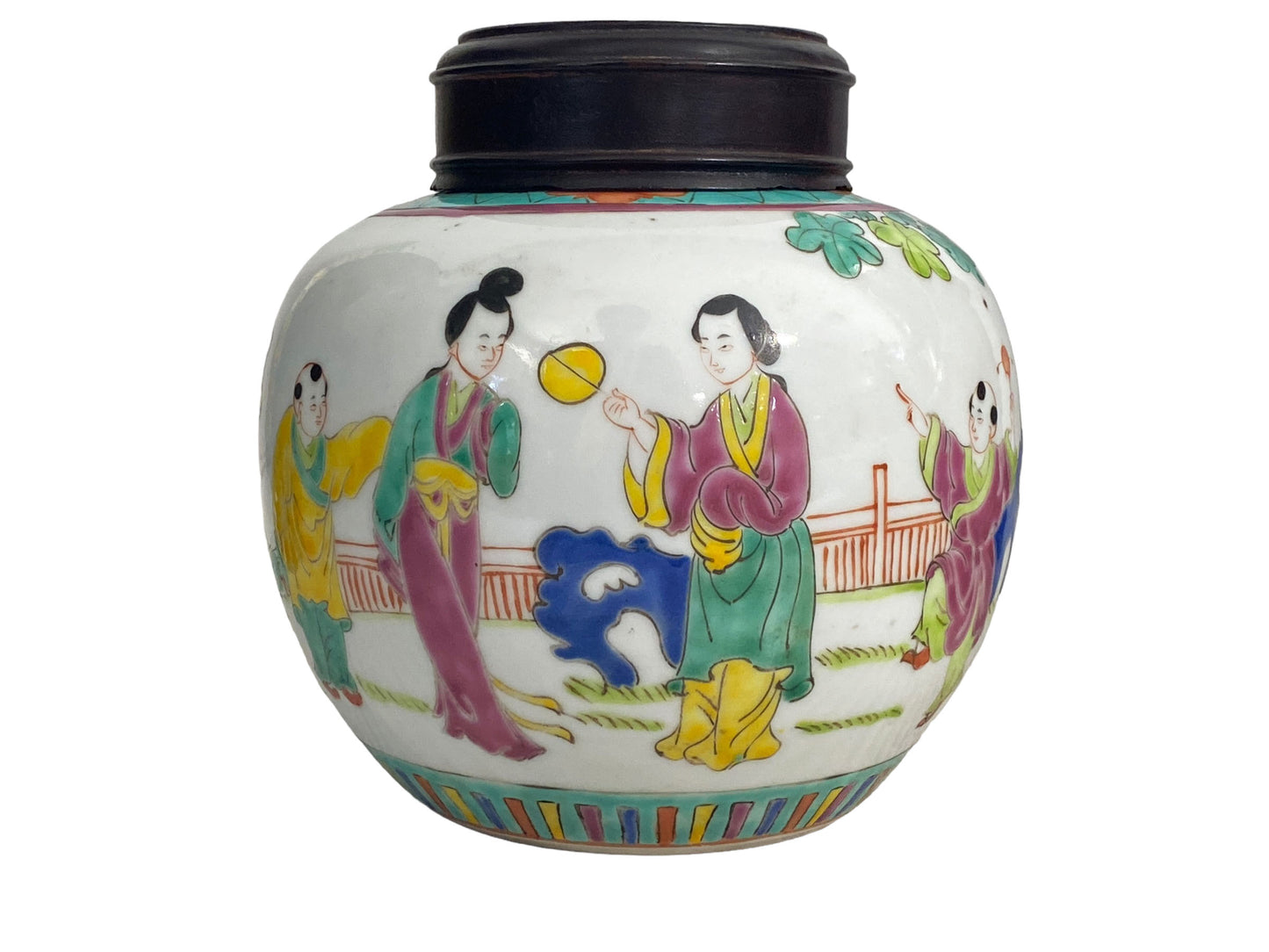 #5633 late 19Th C Chinoiserie Hand Painted Famille Rose Ginger Jar with Wood Lid