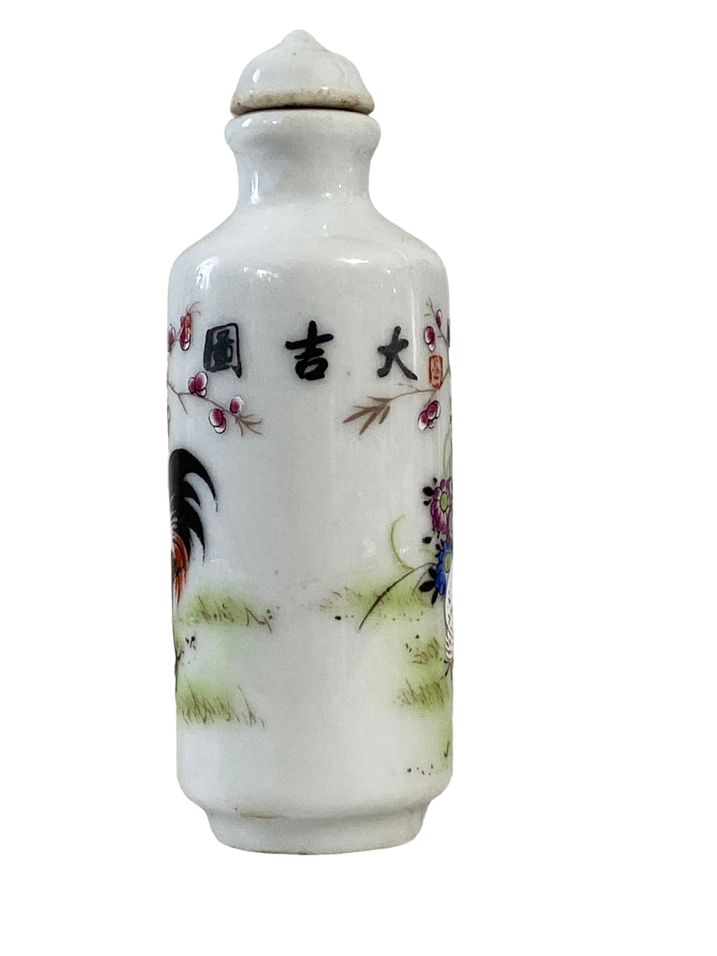#4069 Vtg Chinoiserie Famille Rose Roosters Snuff Bottle 3.25" H