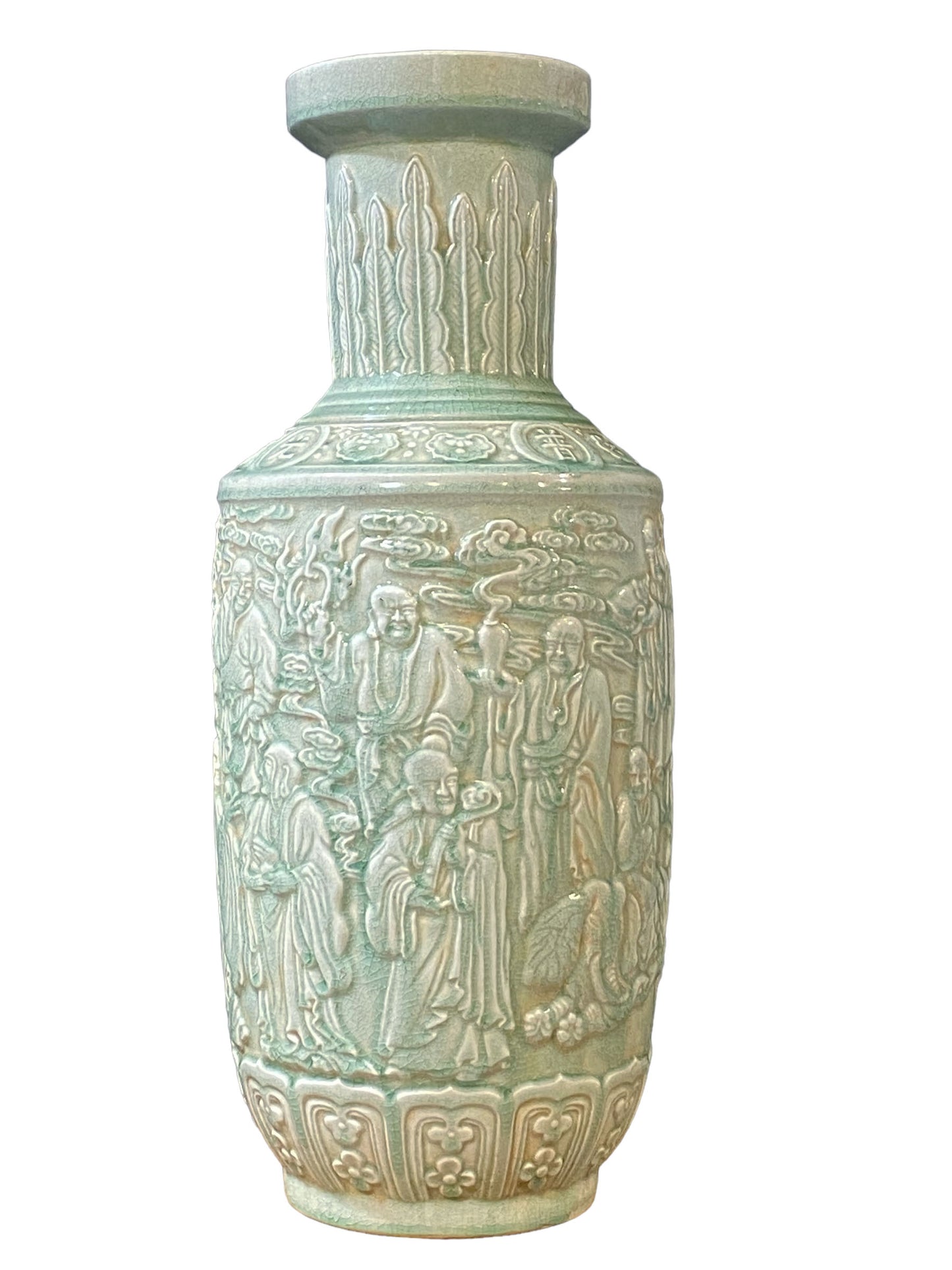 #5779 Stunning Celadon Porcelain Buddha Vase 23.25" h by 9.5" W