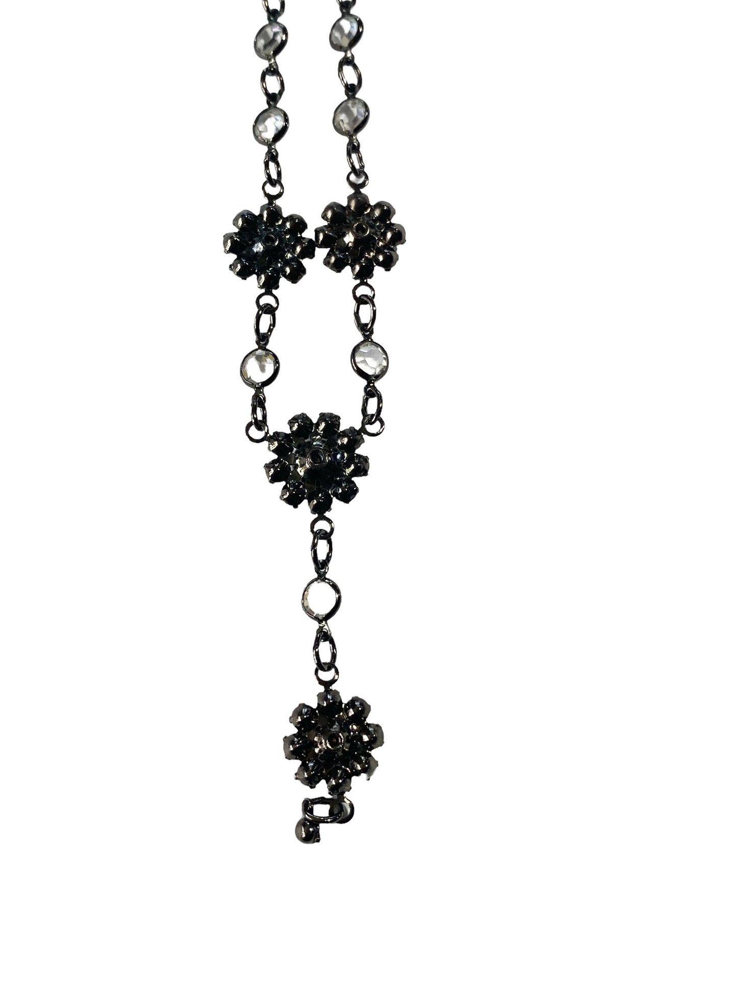 #5889 Vintage Austrian Crystal Choker Necklace USA Gun Metal Floral Dainty Bling