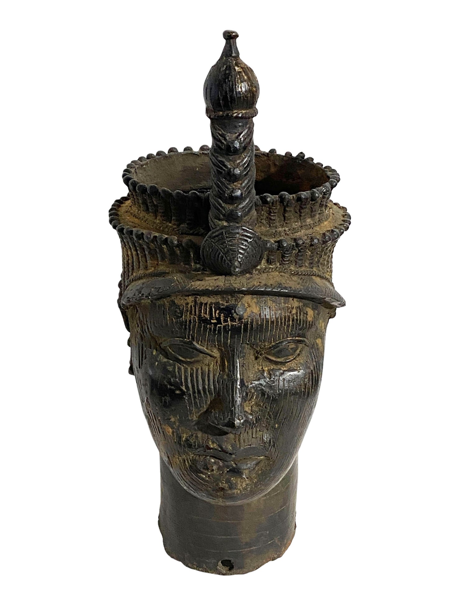 #5406 Superb Vintage Lg Benin Bronze Head of Oba Nigeria African 19" H