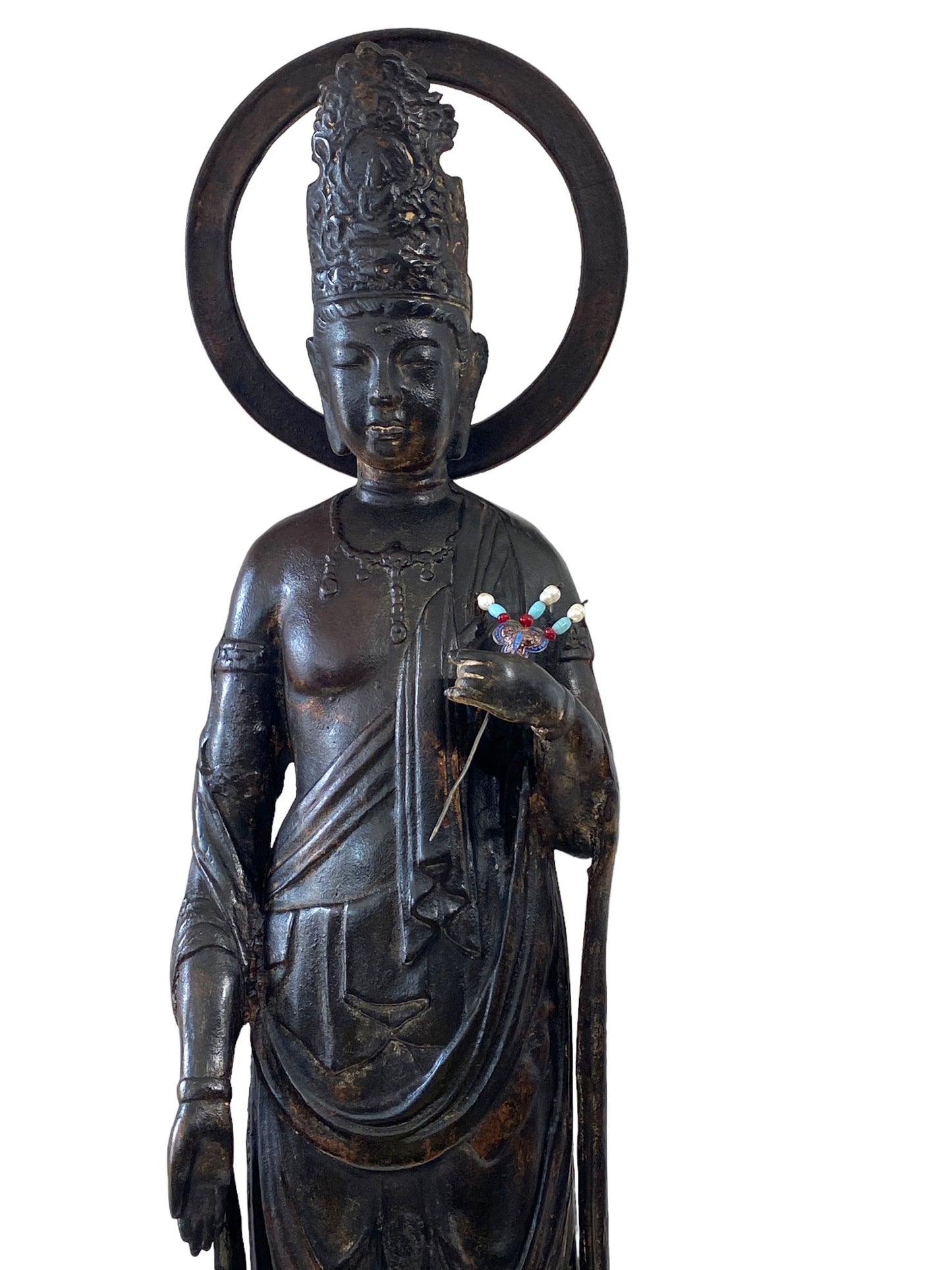 #7013 Lg Vintage Cast iron Standing Touching Buddha 34" H
