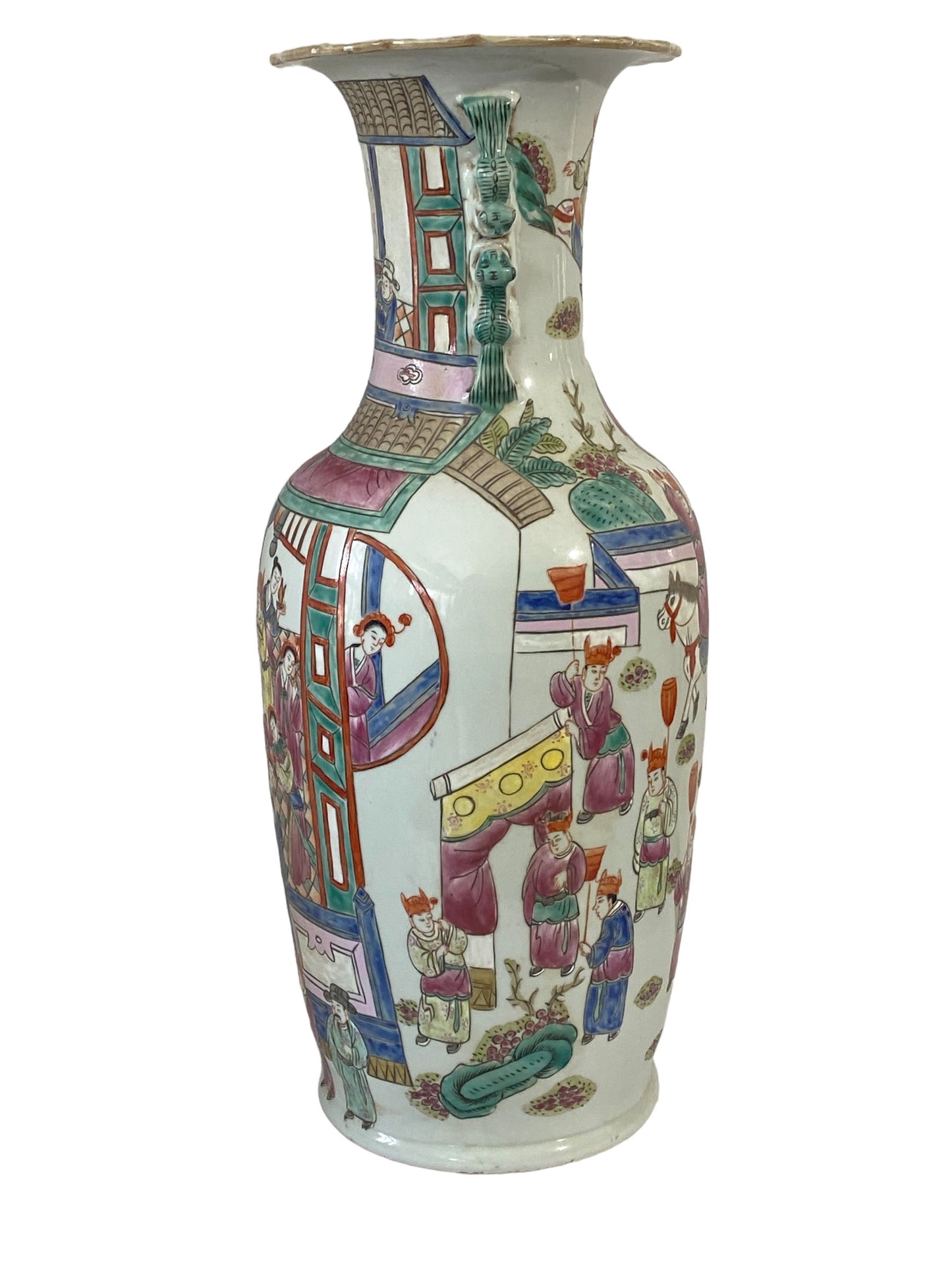 # 262 Superb Chinoiserie Famille Rose Enamel Vase W/Figures 24" H