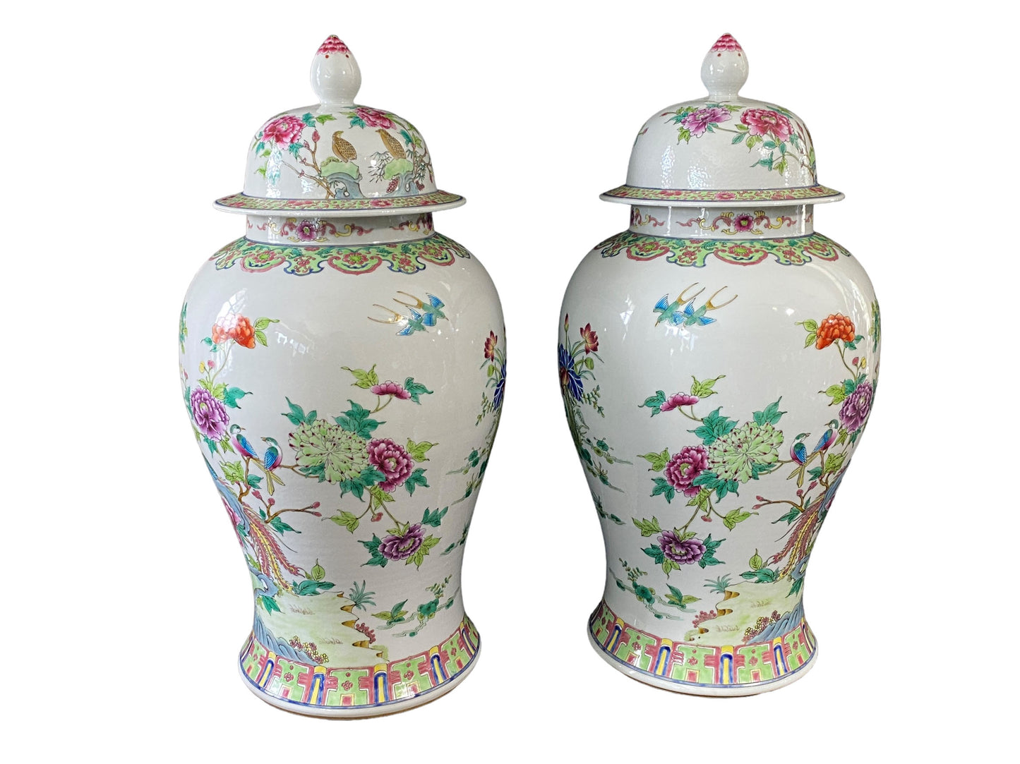 #3201 LG Chinoiserie Famille Rose Porcelain Ginger Jars Pair 24" H