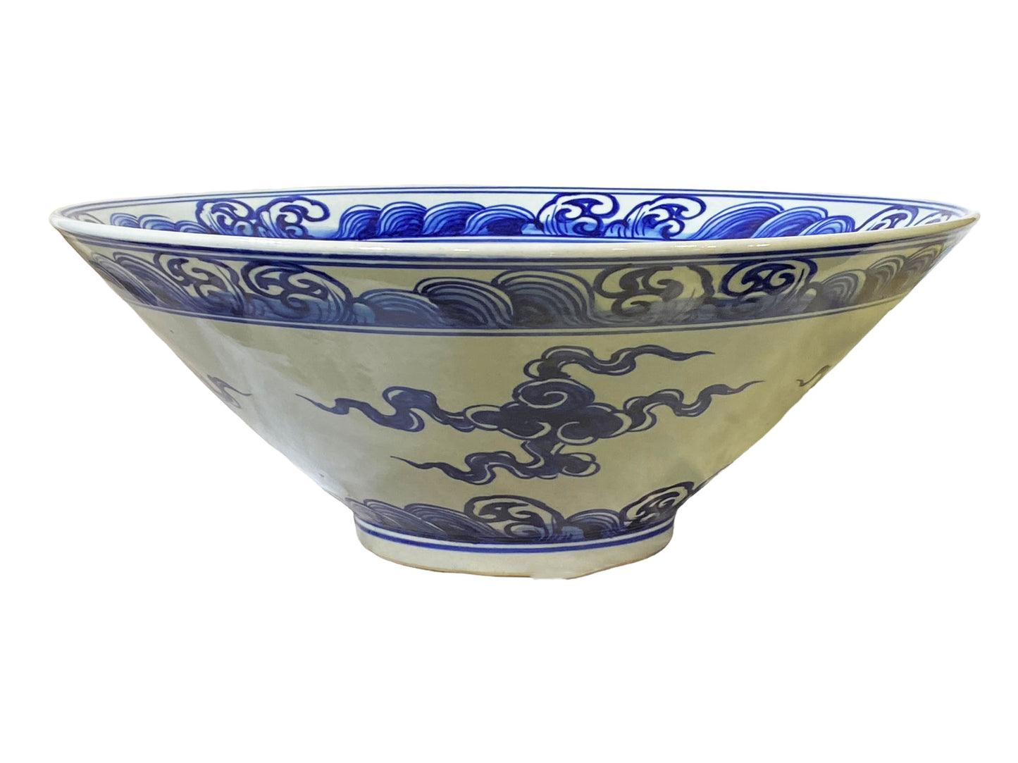 #176 Large Chinoiserie Blue & White Centerpiece Dragon Motif Bowl  17.5" D