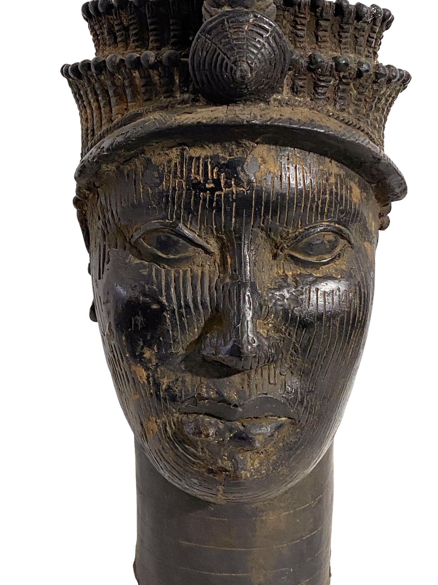#5406 Superb Vintage Lg Benin Bronze Head of Oba Nigeria African 19" H