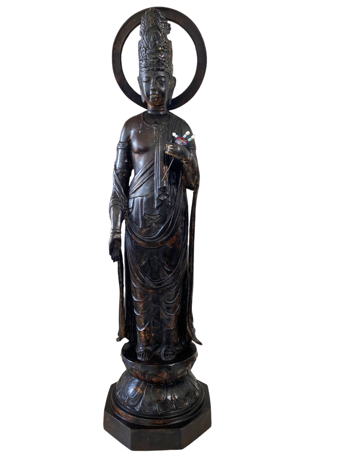 #7013 Lg Vintage Cast iron Standing Touching Buddha 34" H
