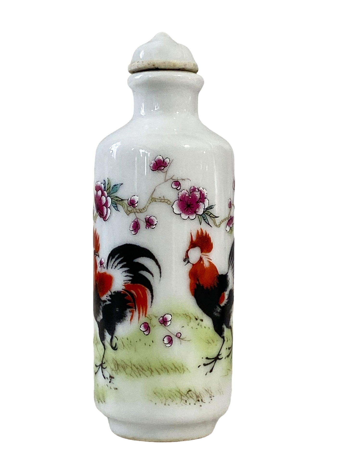#4069 Vtg Chinoiserie Famille Rose Roosters Snuff Bottle 3.25" H