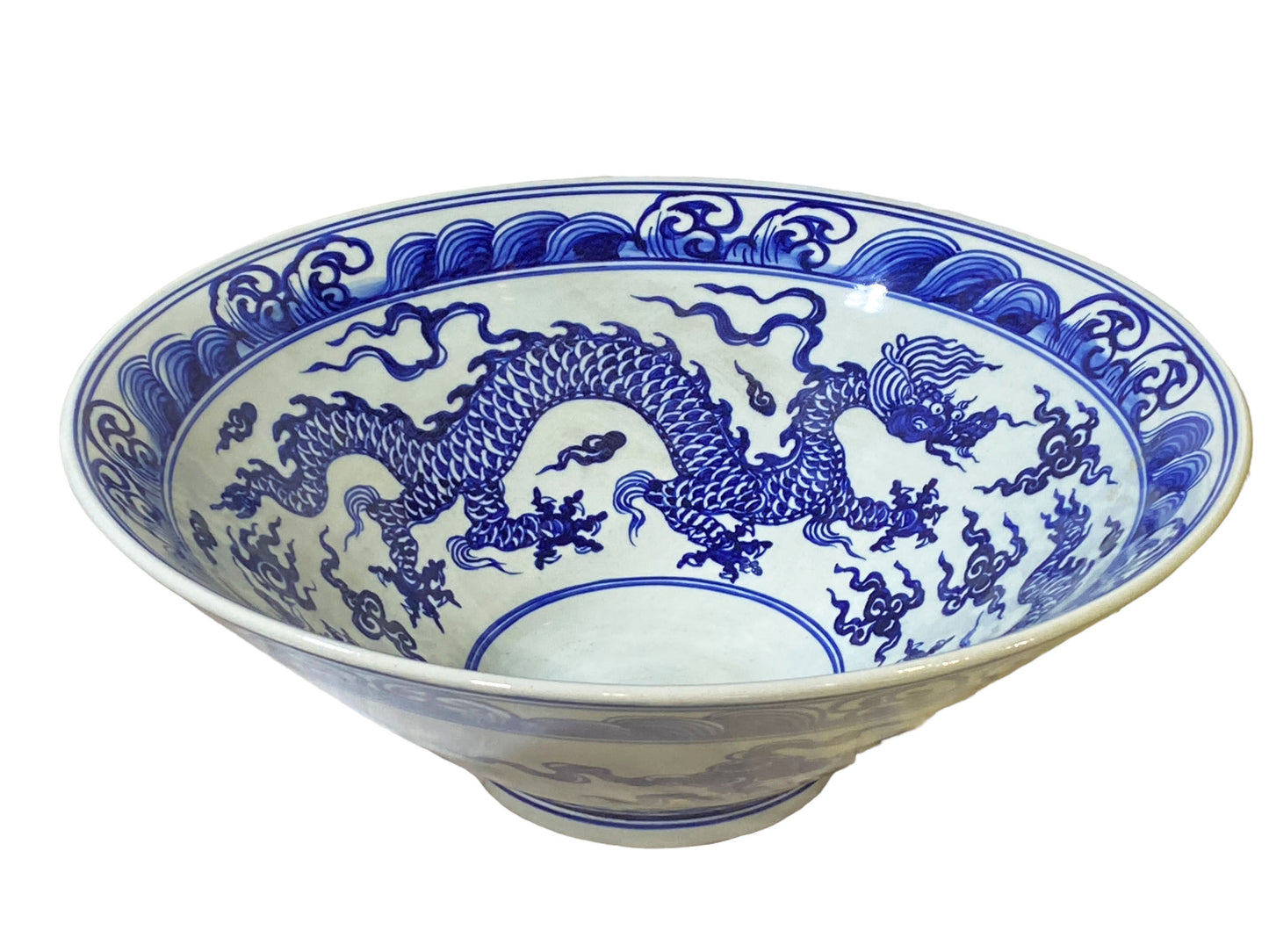 #176 Large Chinoiserie Blue & White Centerpiece Dragon Motif Bowl  17.5" D