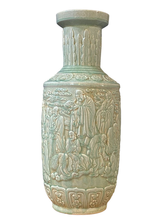 #5779 Stunning Celadon Porcelain Buddha Vase 23.25" h by 9.5" W