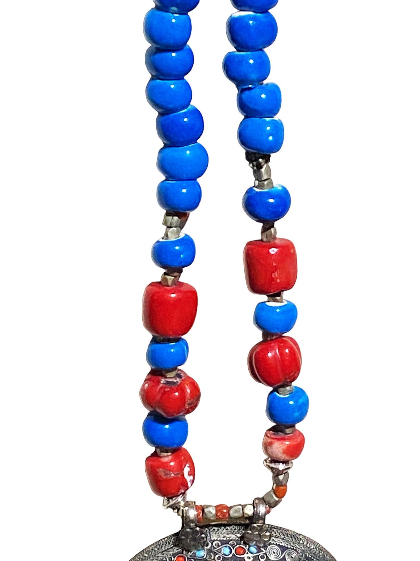 #5839 Middle Eastern Silver Pendant w/Coral & Turquoise 24" H