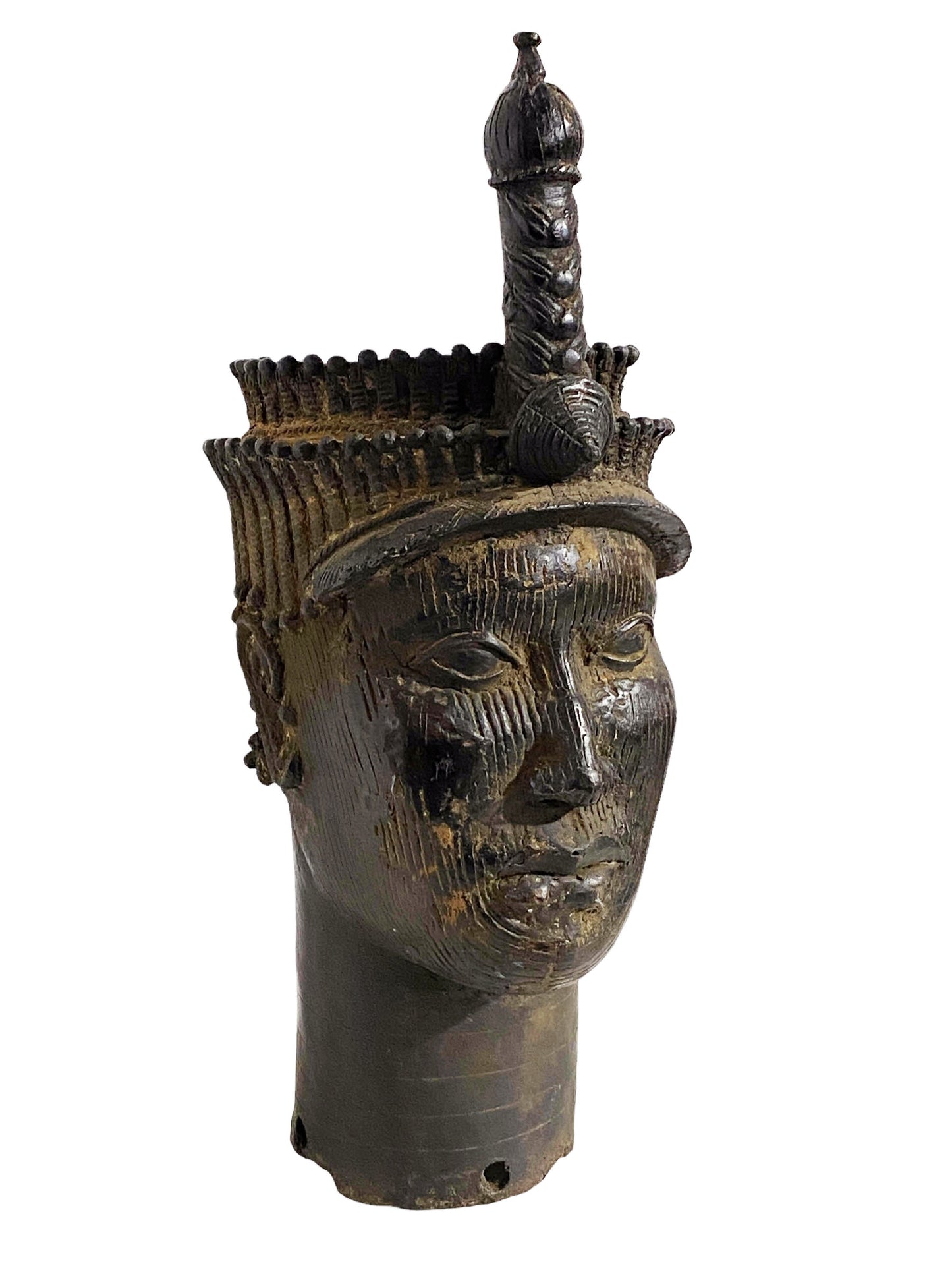 #5406 Superb Vintage Lg Benin Bronze Head of Oba Nigeria African 19" H