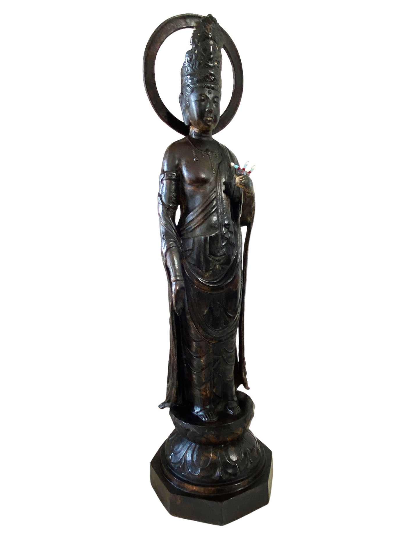 #7013 Lg Vintage Cast iron Standing Touching Buddha 34" H