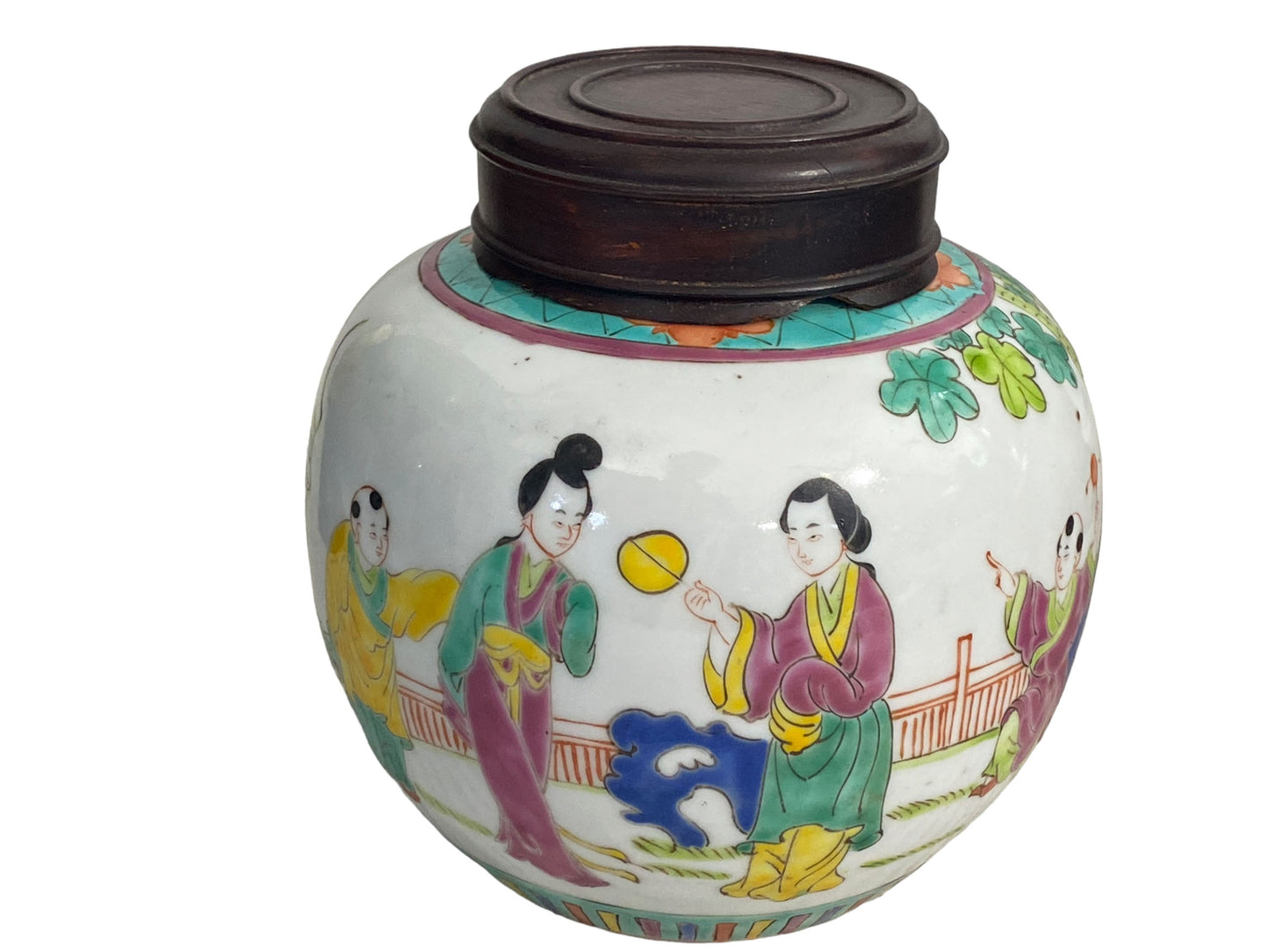 #5633 late 19Th C Chinoiserie Hand Painted Famille Rose Ginger Jar with Wood Lid and Stand