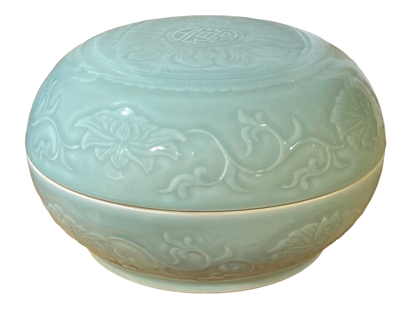 #7074 Chinese Hand Carved Celadon Box 9.5" Diameter