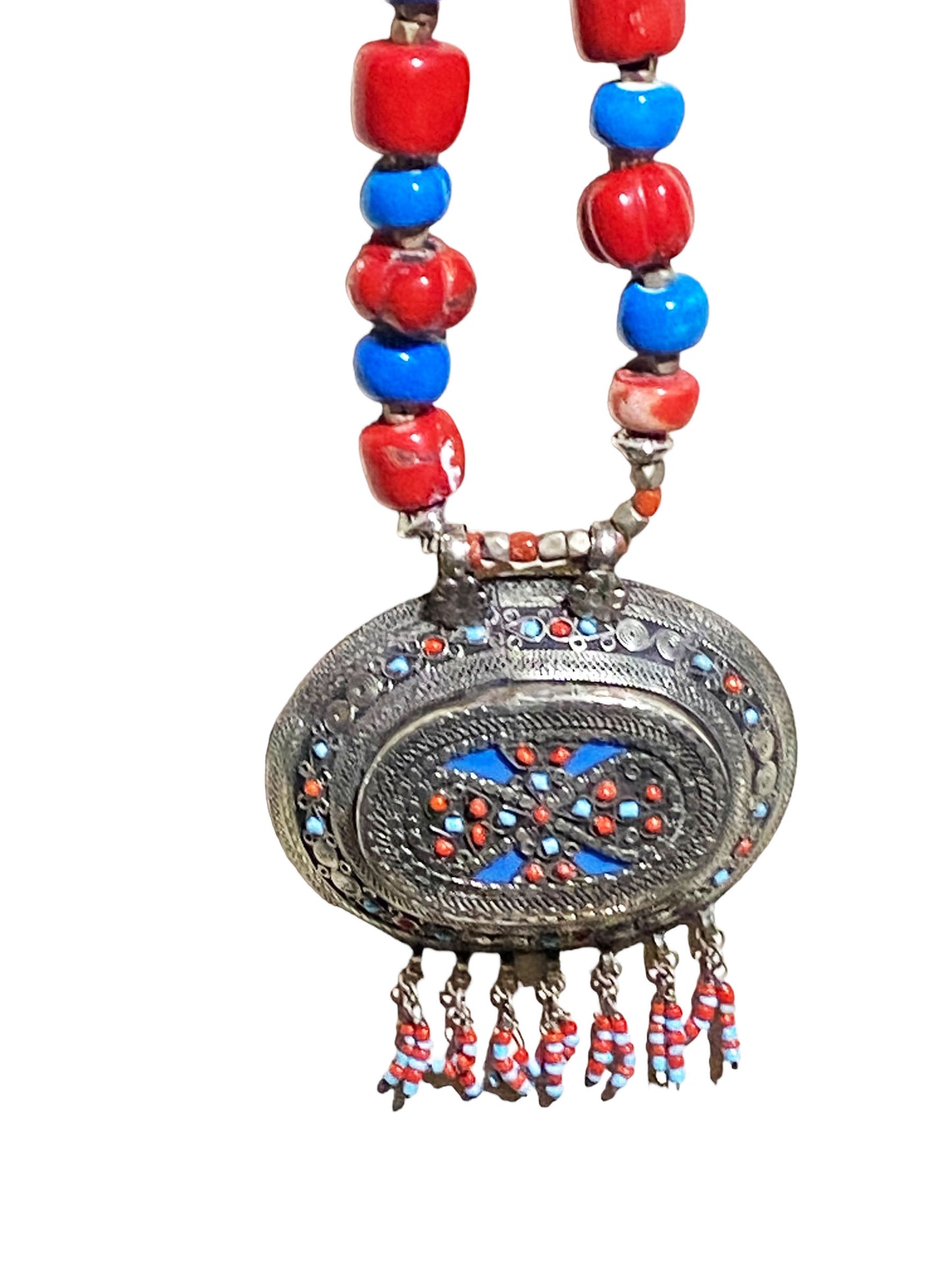 #5839 Middle Eastern Silver Pendant w/Coral & Turquoise 24" H