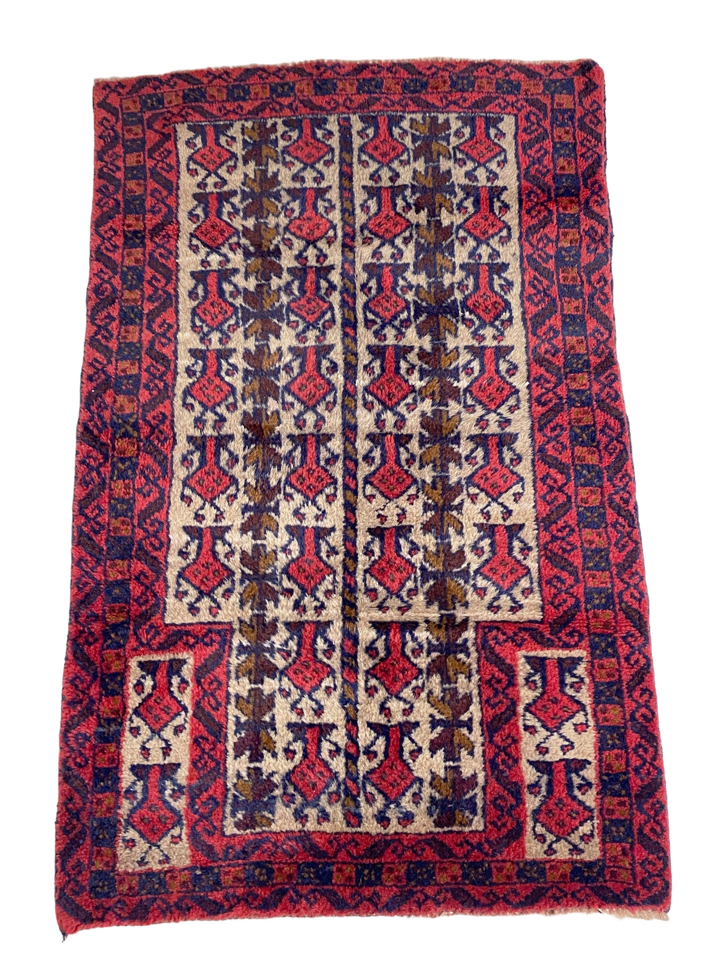 #7022 1950's Hand-knotted Afghan Baluch Prayer Rug, 2'75" by 4'5"