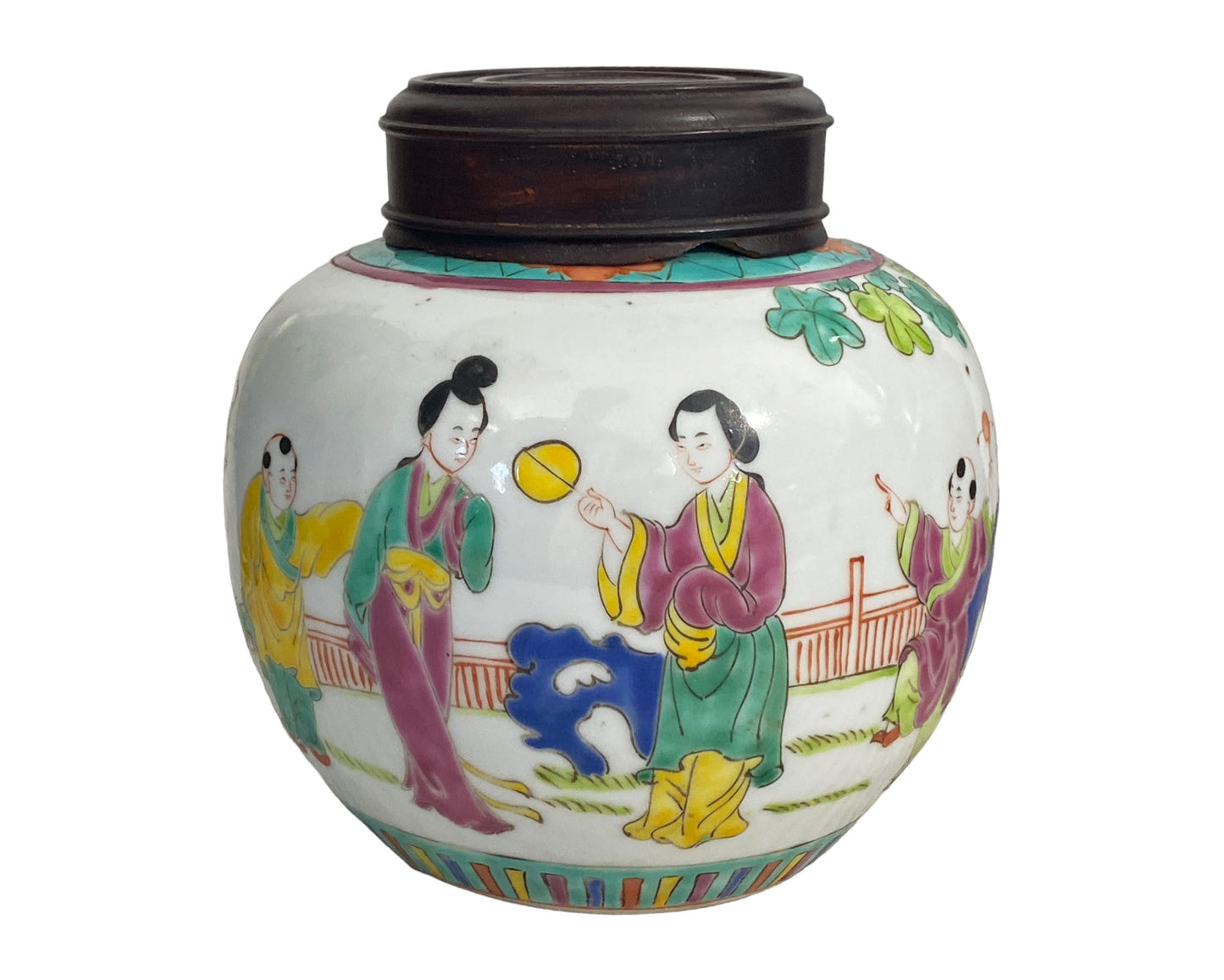 #5633 late 19Th C Chinoiserie Hand Painted Famille Rose Ginger Jar with Wood Lid