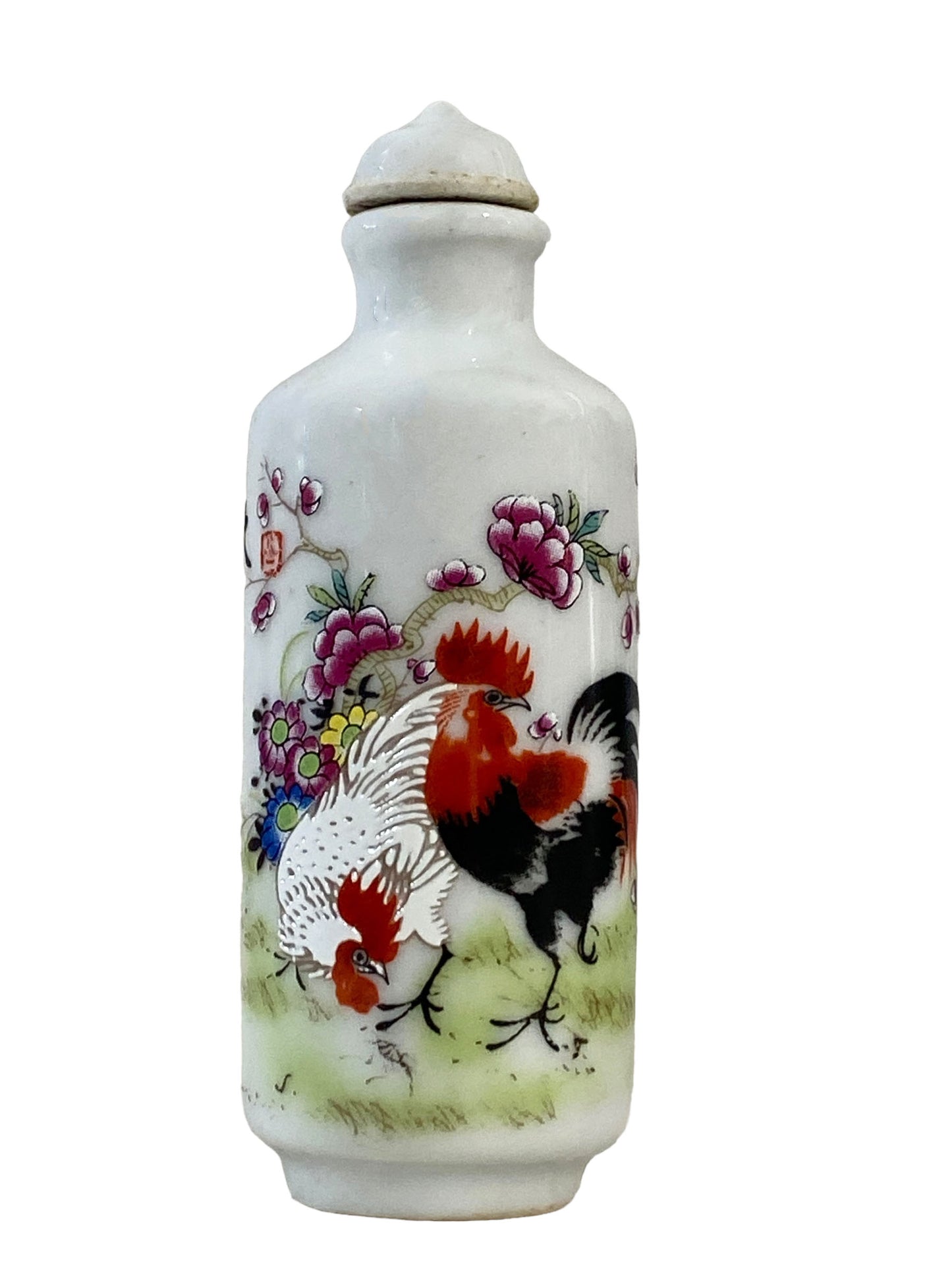 #4069 Vtg Chinoiserie Famille Rose Roosters Snuff Bottle 3.25" H
